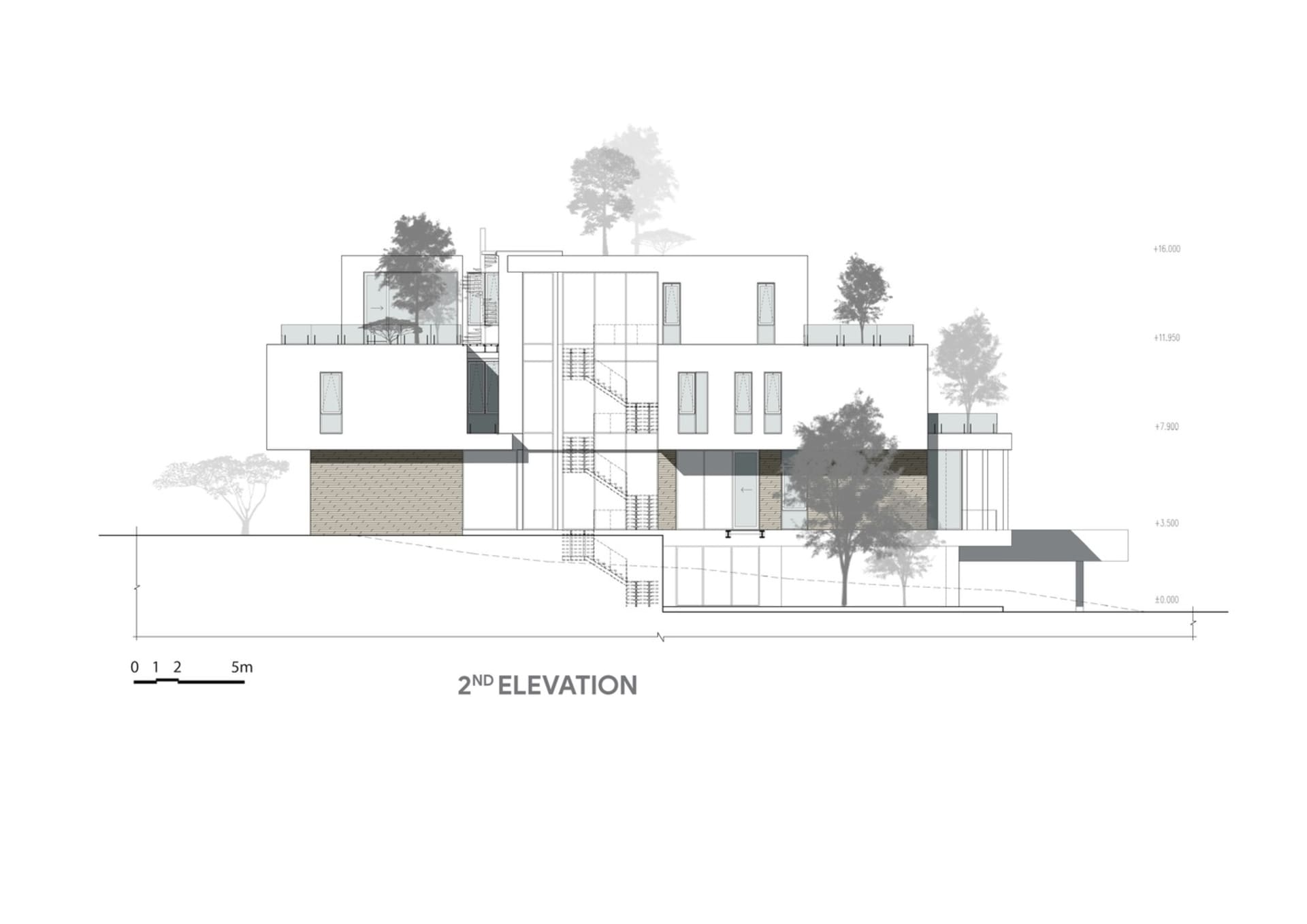 現代住宅二樓立面圖,展示混凝土、玻璃與鋼材元素。