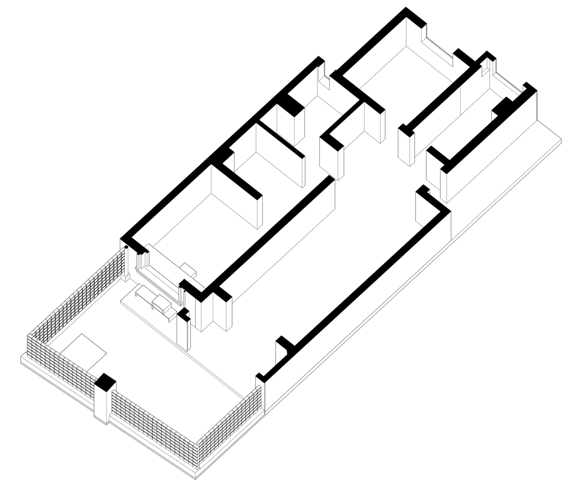 Isometric drawing of a modern residential building with concrete walls and floors.