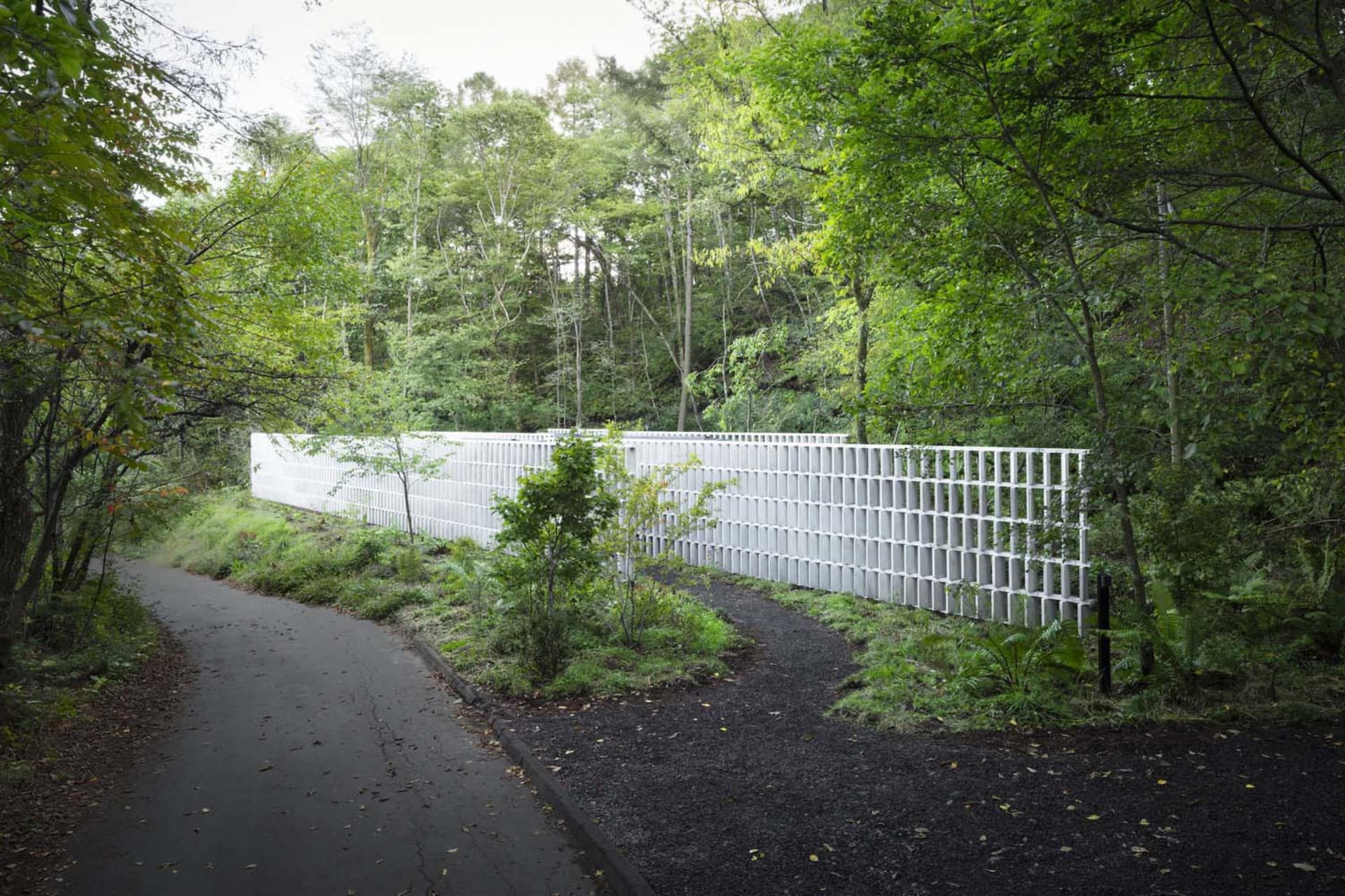 A metal grid wall is surrounded by green foliage in a forest setting.