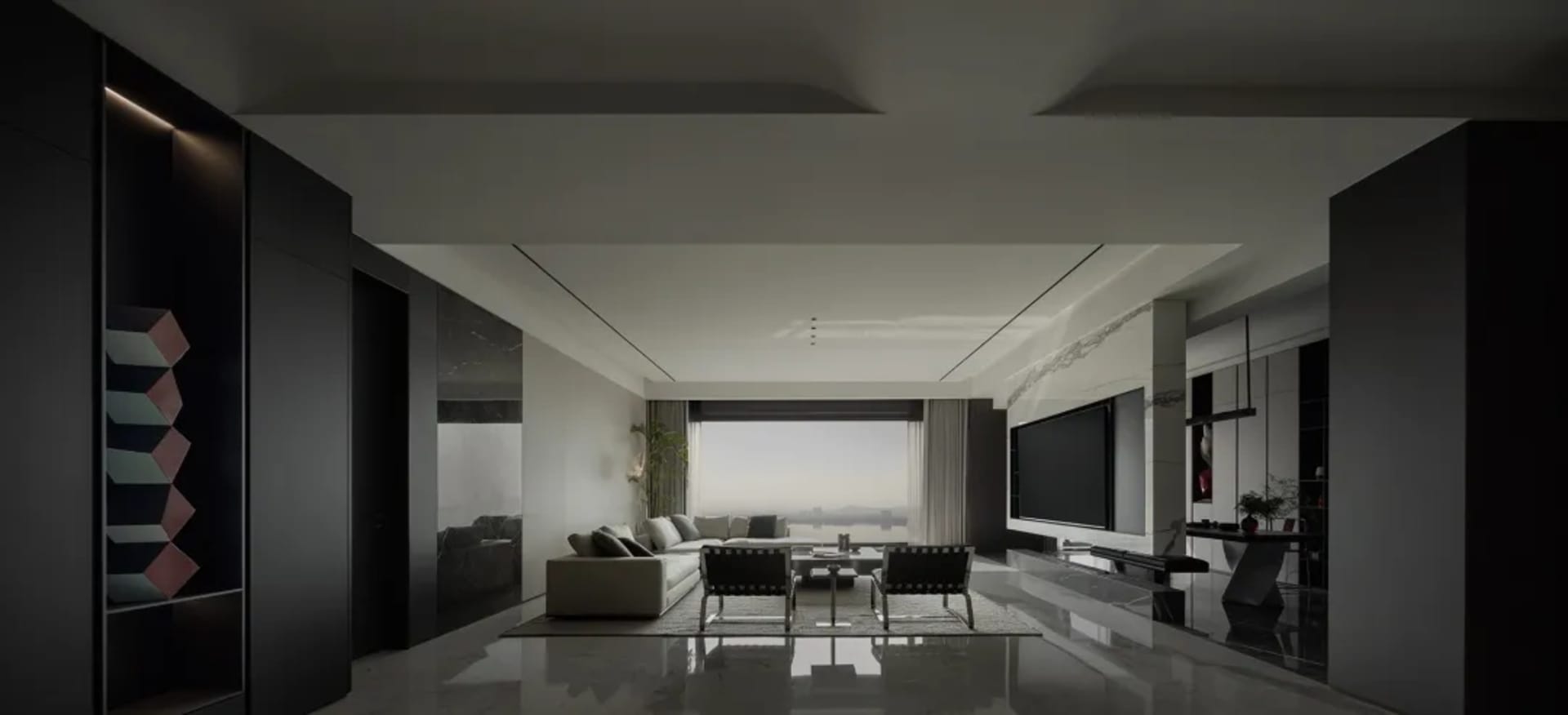 Modern apartment interior featuring minimalist furniture and concrete walls.