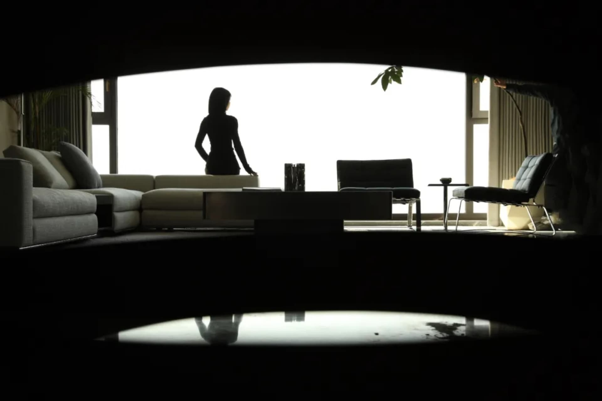 A modern living room with glass walls, a sleek sofa, and minimalist decor.