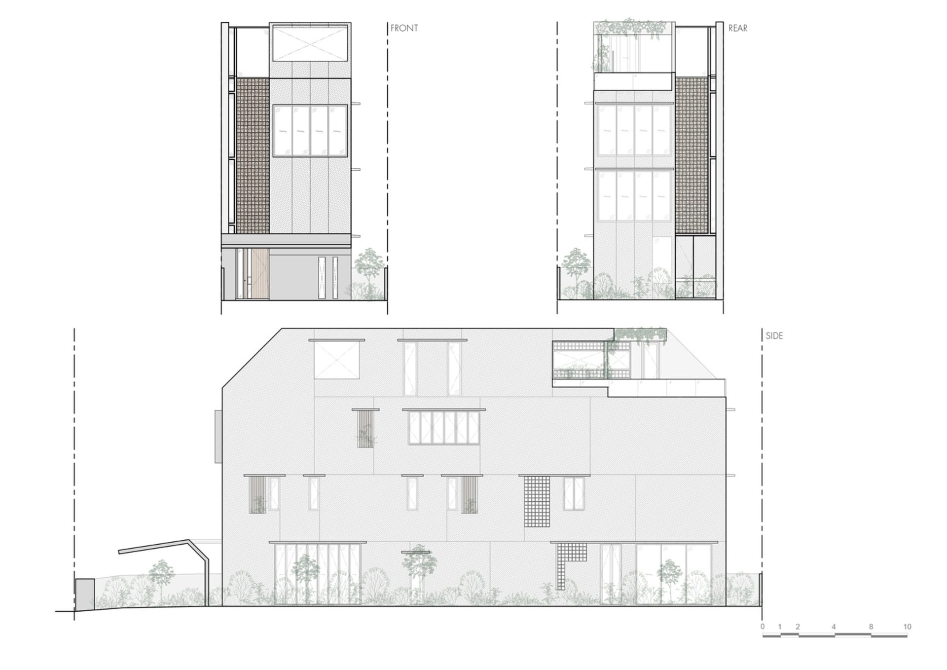 A modern residential building's floor plan featuring a concrete structure with large windows.