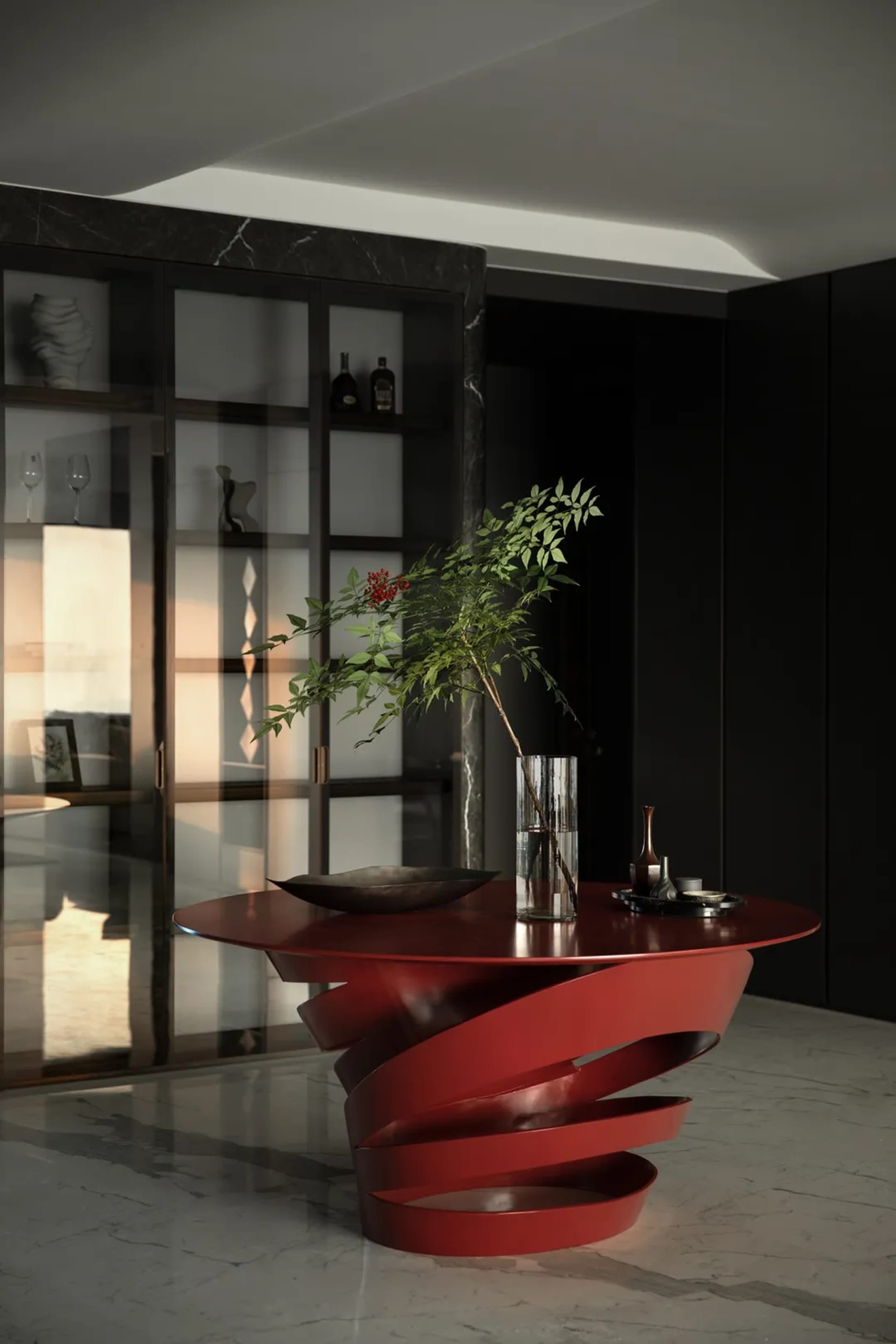 Modern living room featuring a red metallic twist table with a potted plant and decorative items.