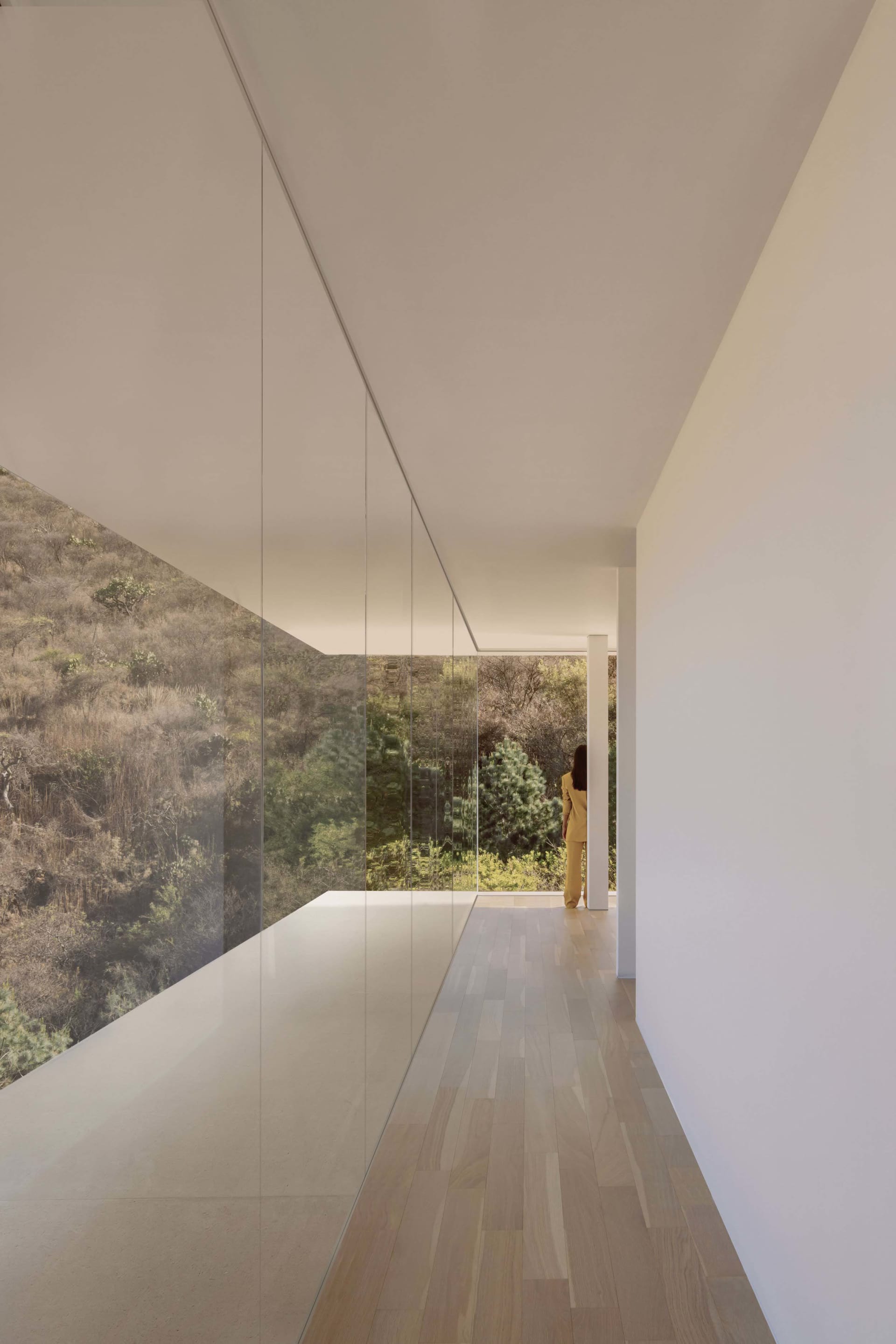 Modern interior with glass walls and a person standing in front of a window overlooking a forested hillside.