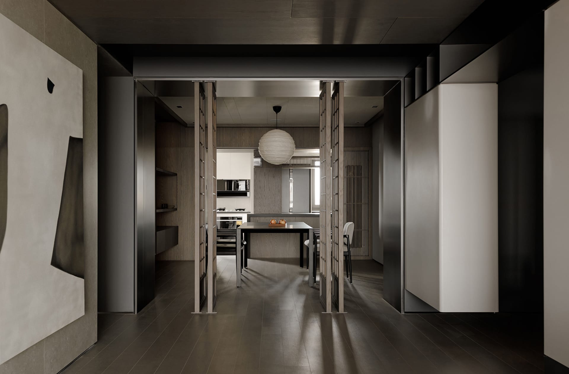 Modern, minimalist kitchen with concrete countertops and wooden texture