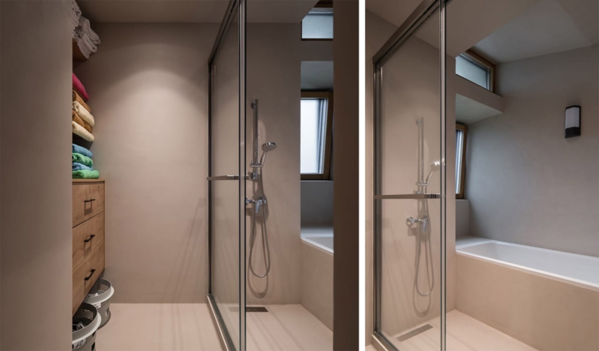 A minimalist bathroom with a glass-enclosed shower and a modern bathtub, showcasing sleek lines and a neutral color palette.