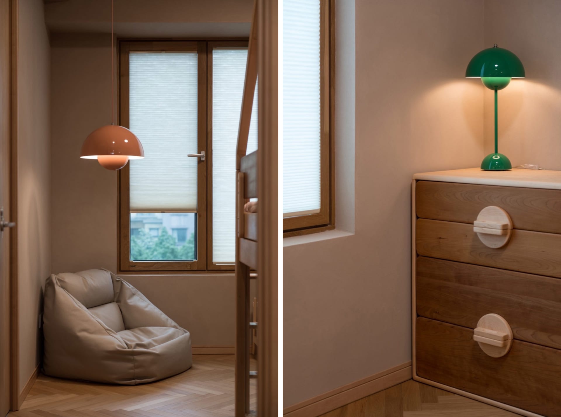 A modern bedroom featuring sleek, minimalist wood furniture and a cozy reading nook with a beanbag chair and pendant light.