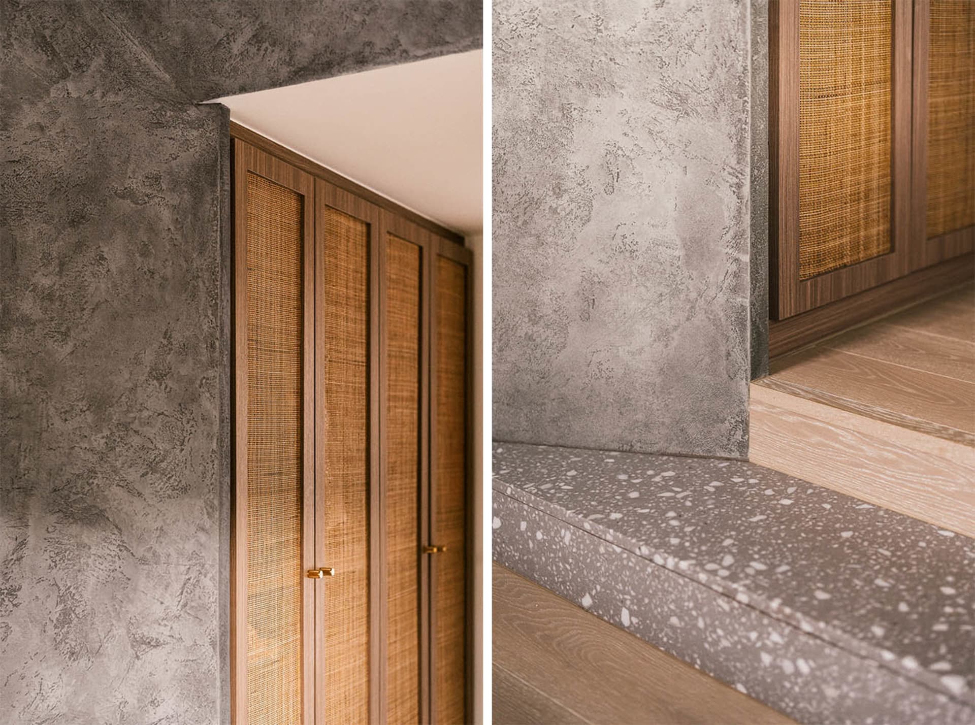 極簡樓梯採用混凝土與編織纖維面板,踏步為水磨石材質。
