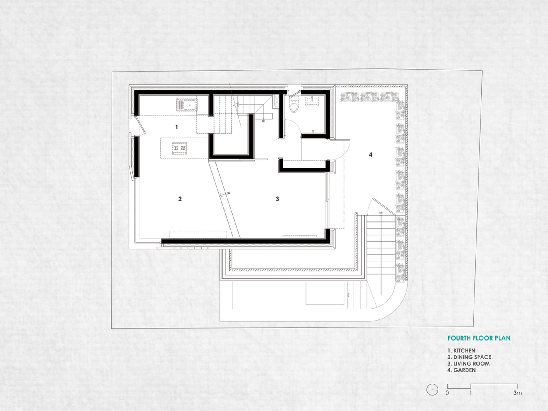Floor plan of a modern residential interior with a kitchen, dining space, living room, and garden.