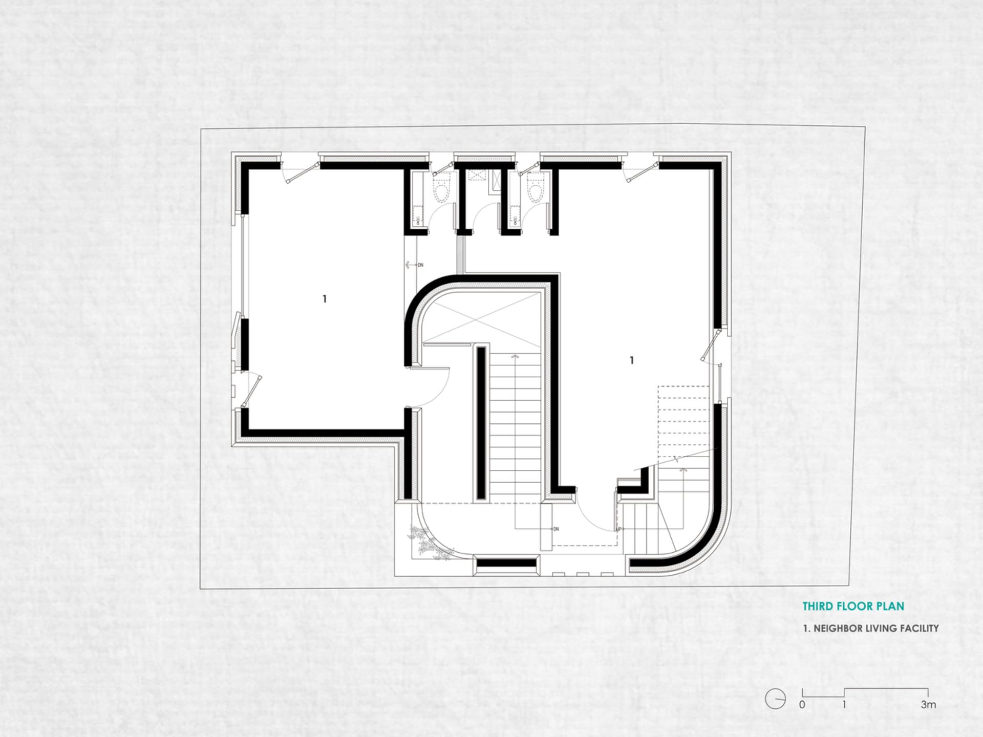 詳細的建築平面圖,展示建築物三樓的空間配置,採用混凝土、玻璃與鋼材材質