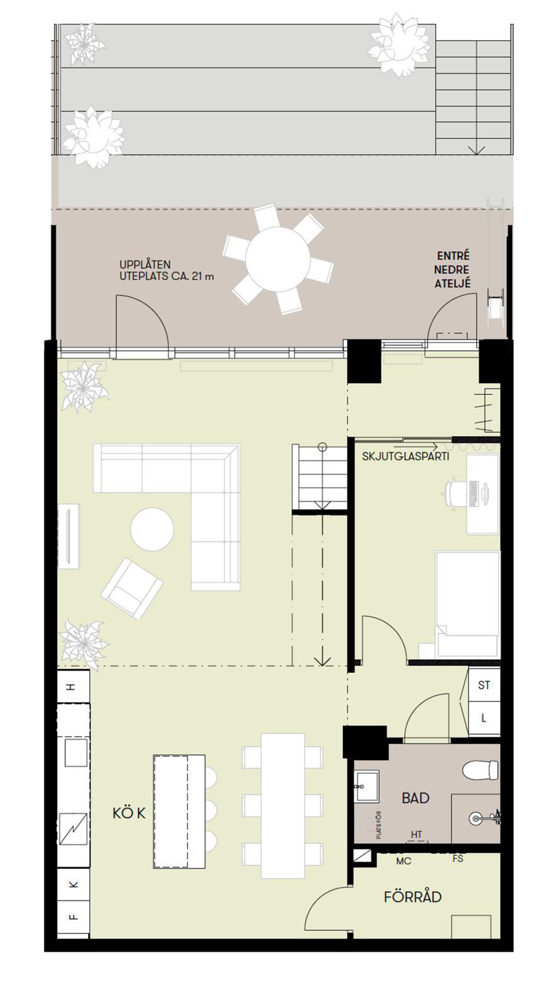 Floor plan of a modern kitchen with porcelain tiles, white countertops, and stainless steel appliances.