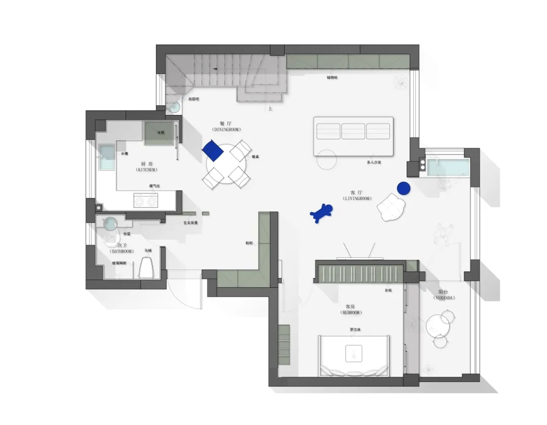 Modern apartment layout with white walls and white furniture, featuring a living room, dining room, kitchen, bedroom, and bat