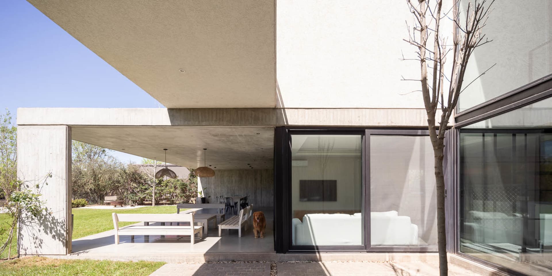 A modern residential exterior featuring a concrete structure with large glass windows and a dog standing on the porch.