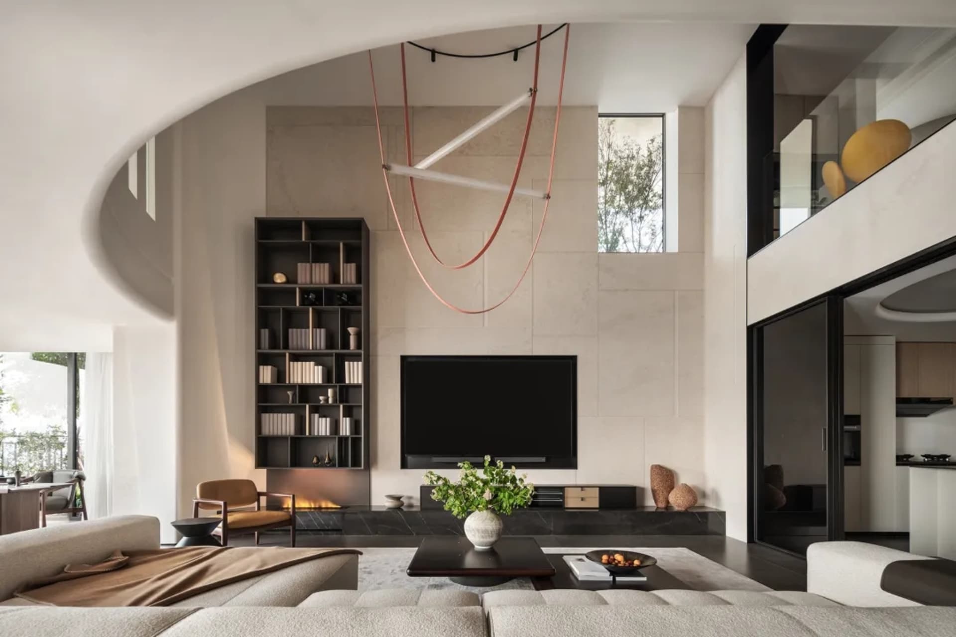 Modern minimalist living room with marble walls and furniture, showcasing contemporary design and elegance.