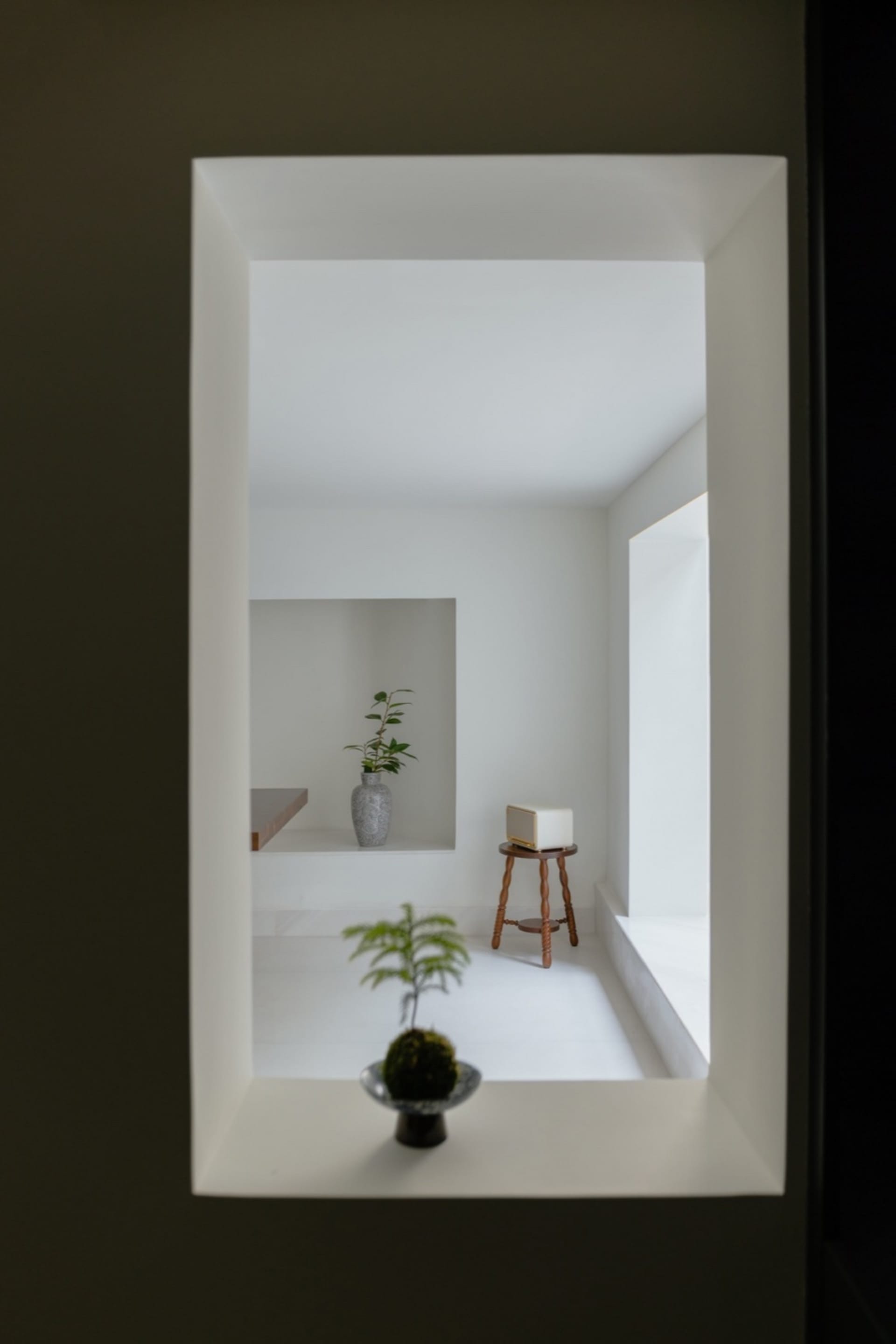 Modern minimalist room with concrete walls and floor, featuring a small plant and a simple wooden stool.