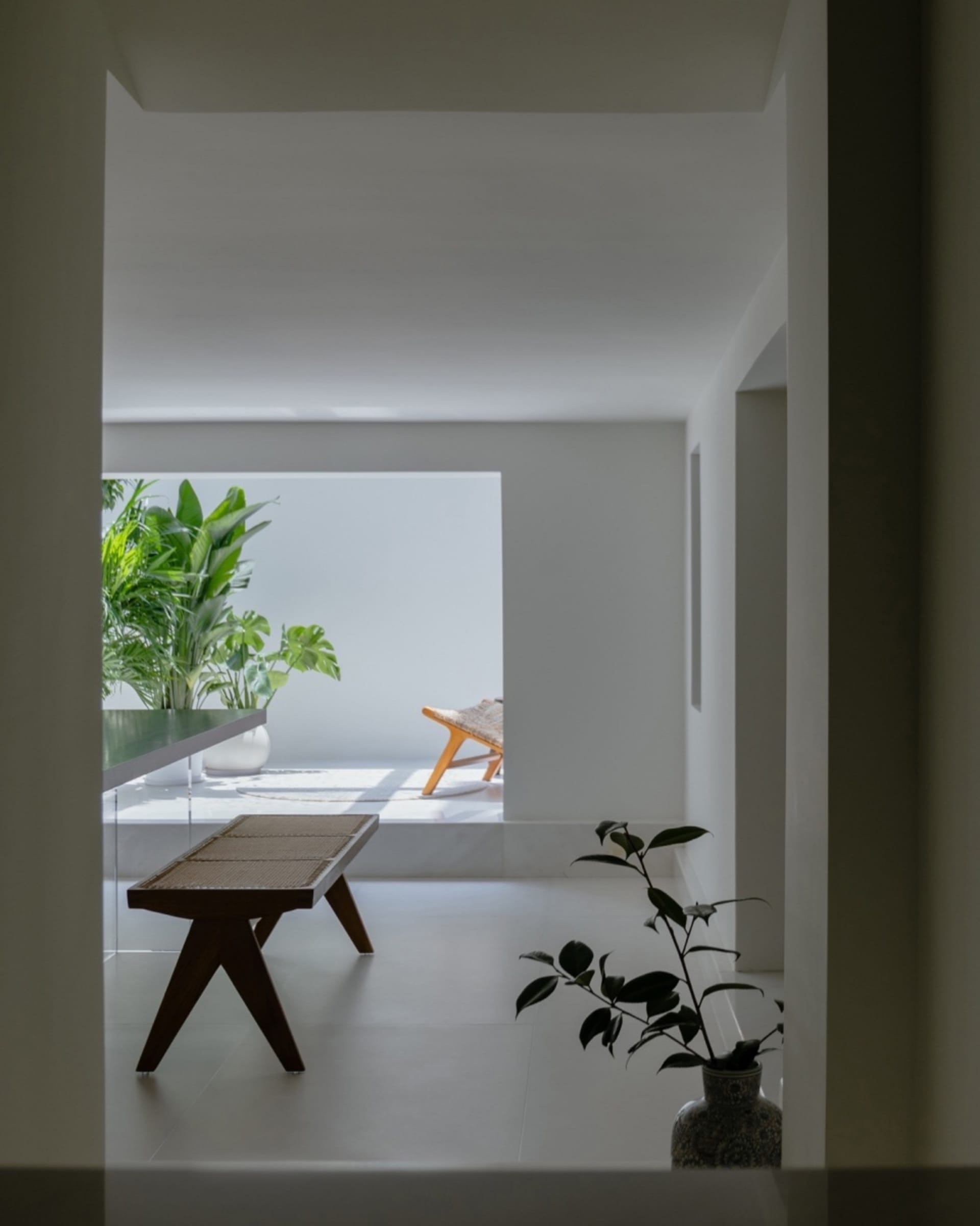 A modern minimalist studio apartment featuring a minimalist furniture arrangement, concrete floor, and green plants.
