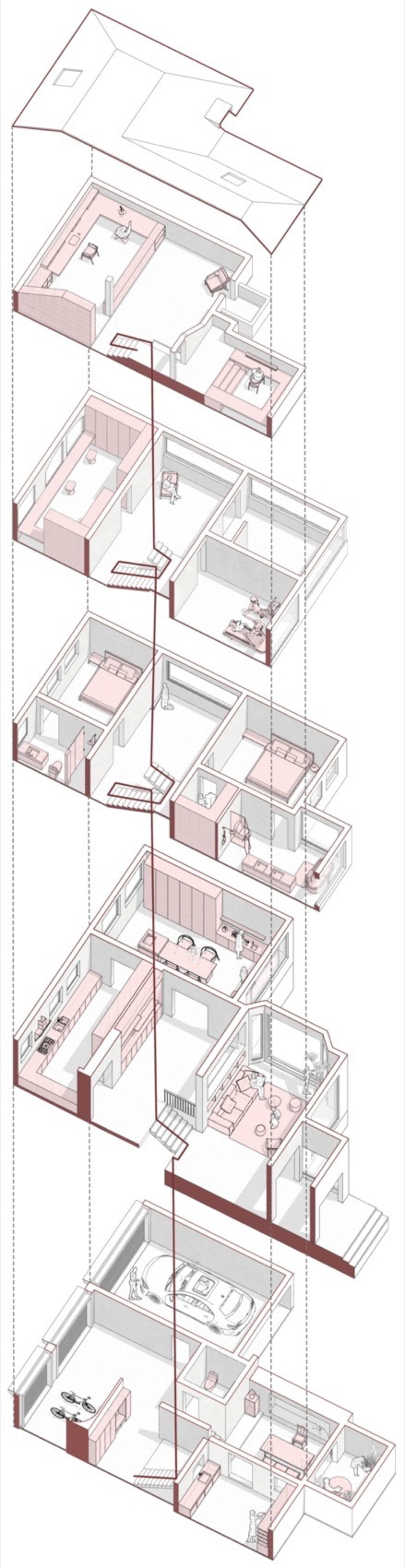 一張詳細的渲染平面圖,描繪多層住宅建築中的各個房間與空間。