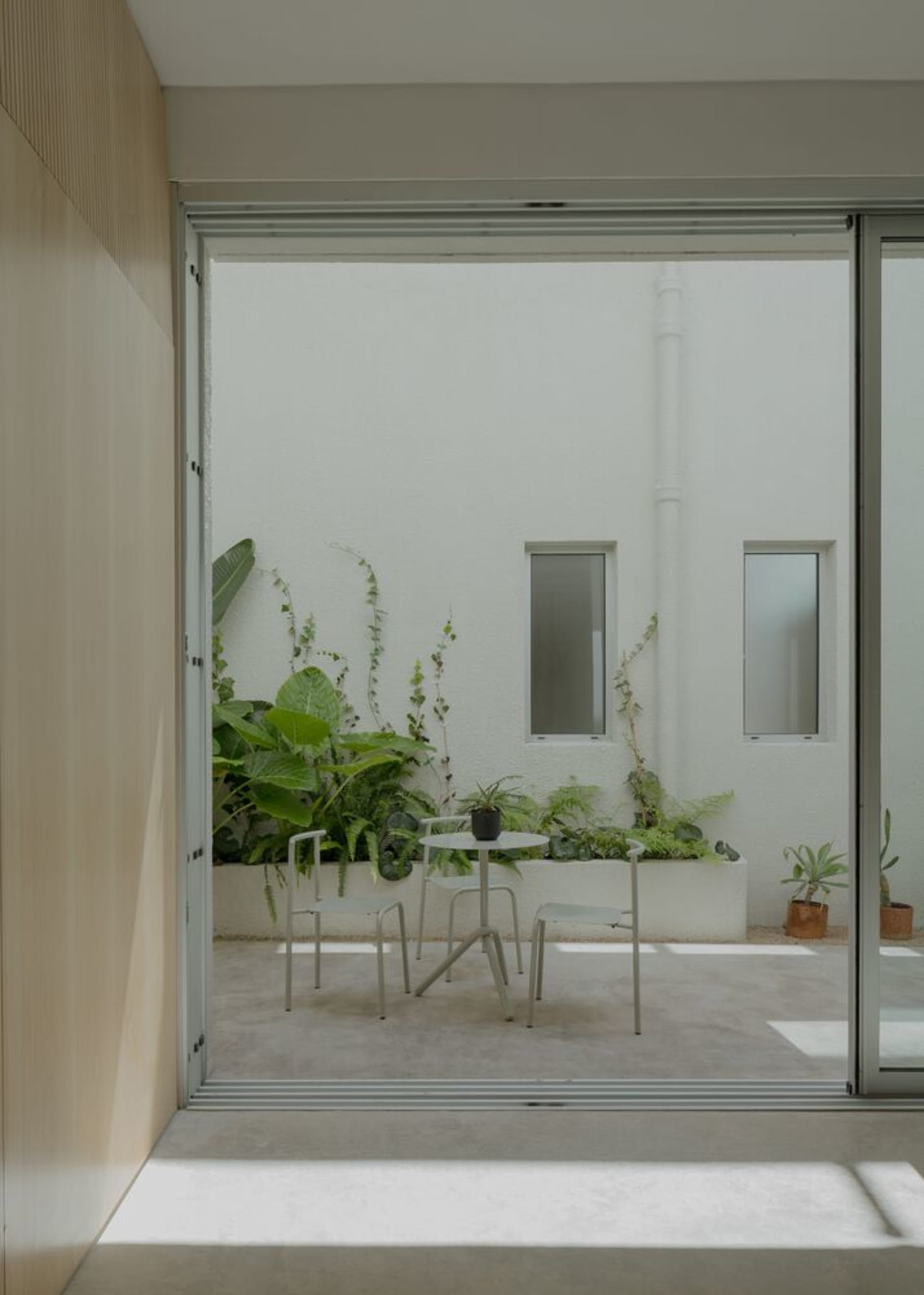 A minimalist patio featuring concrete and potted plants.