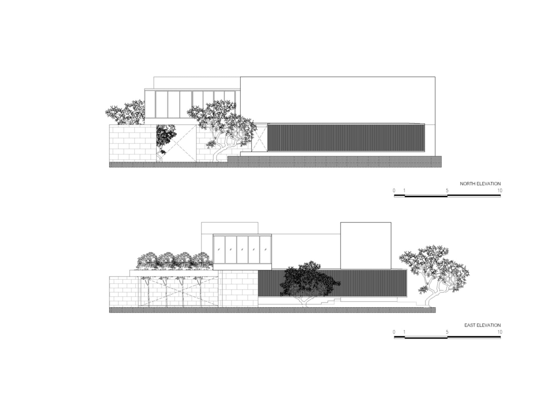 Technical drawing of a modern building exterior, showing architectural elements and layout.