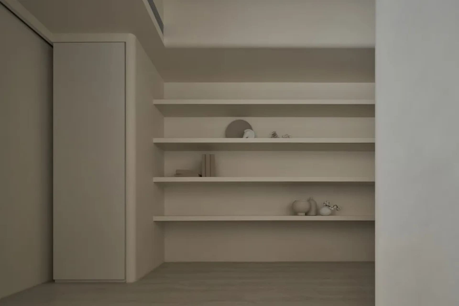 Minimalist interior design featuring modern wooden floating shelves