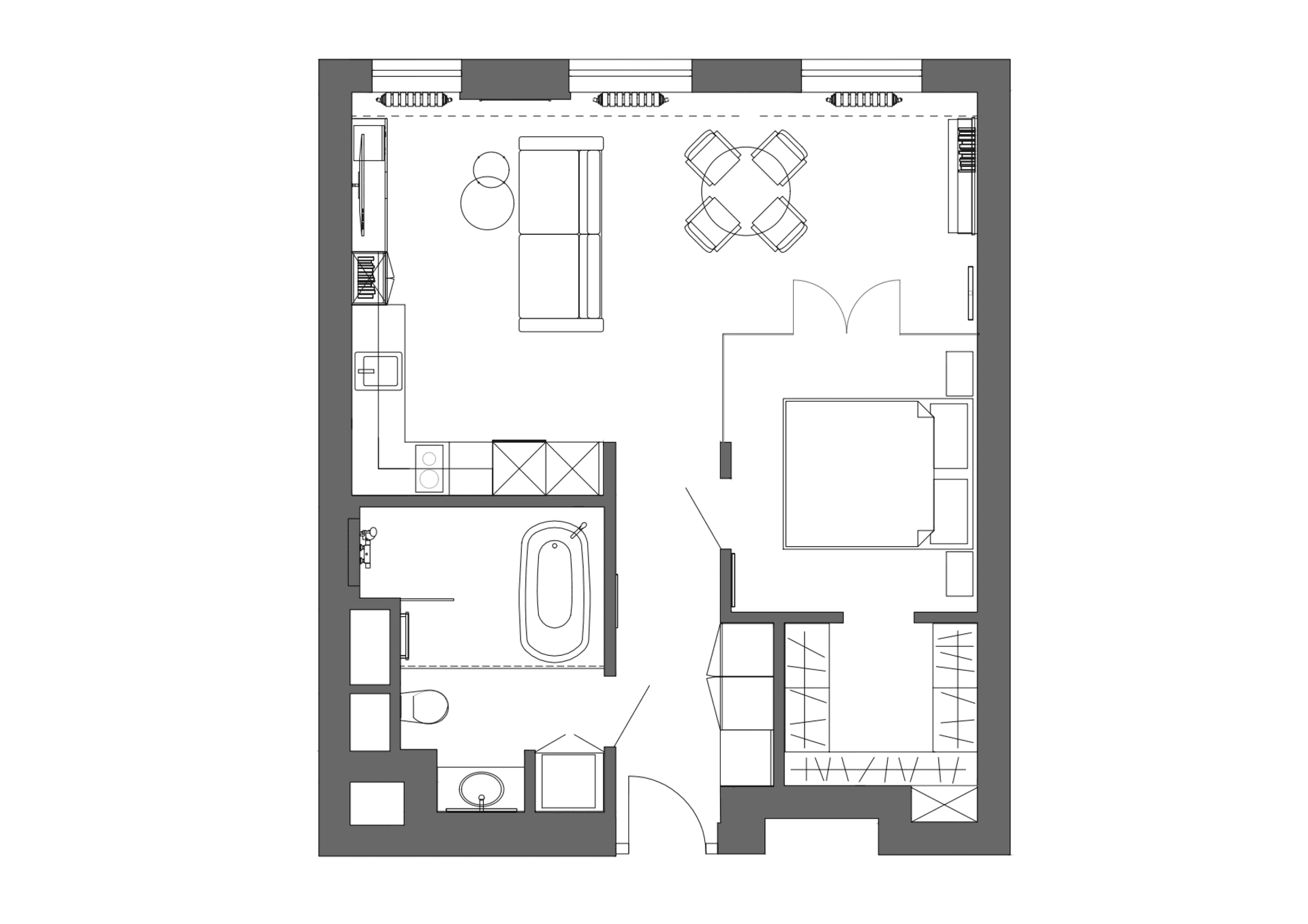 Floor plan of a minimalist residential apartment with living and dining areas, kitchen, bathroom, and bedroom.