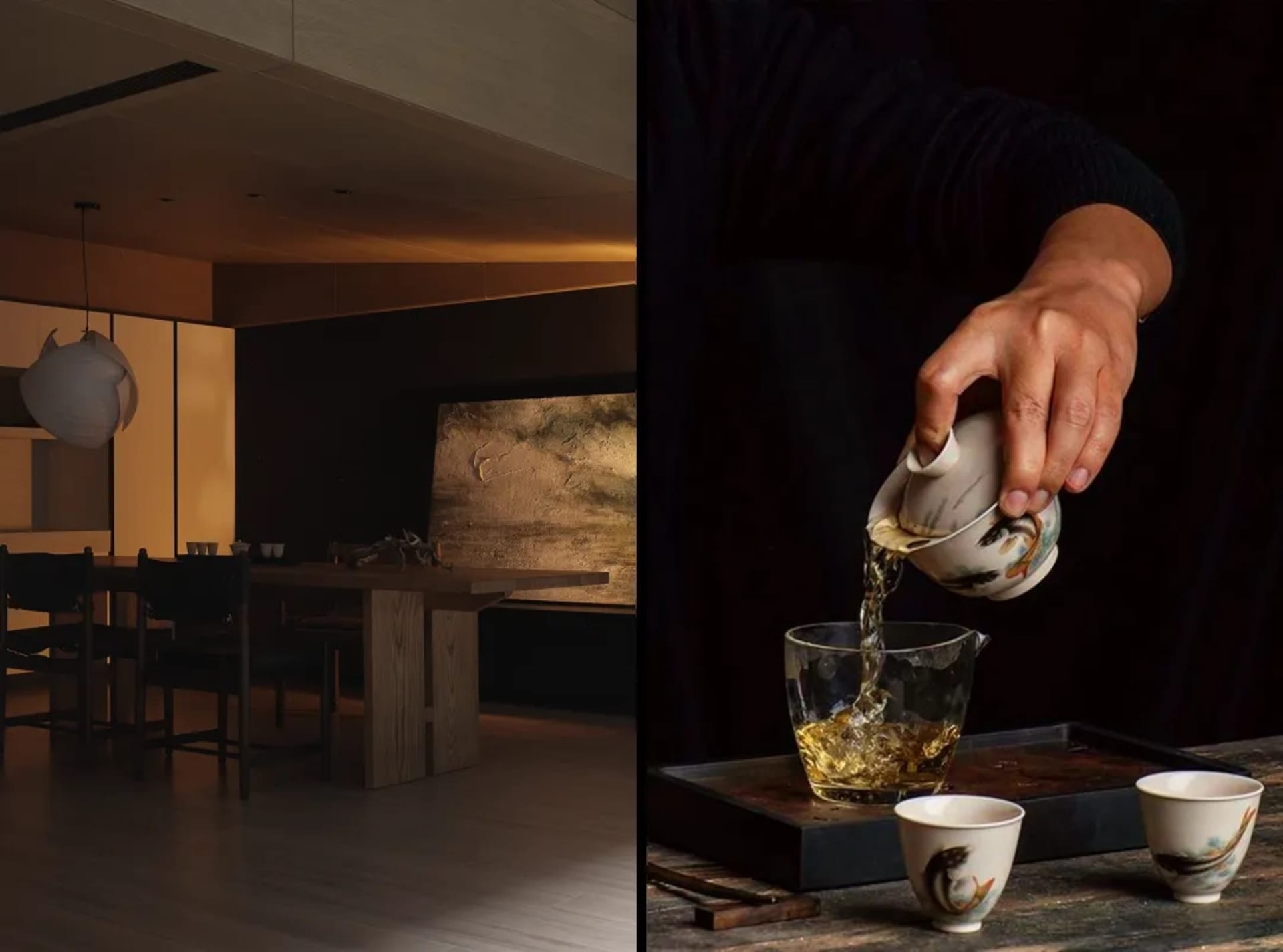 A minimalist living room with a concrete and wood tea ceremony setting.