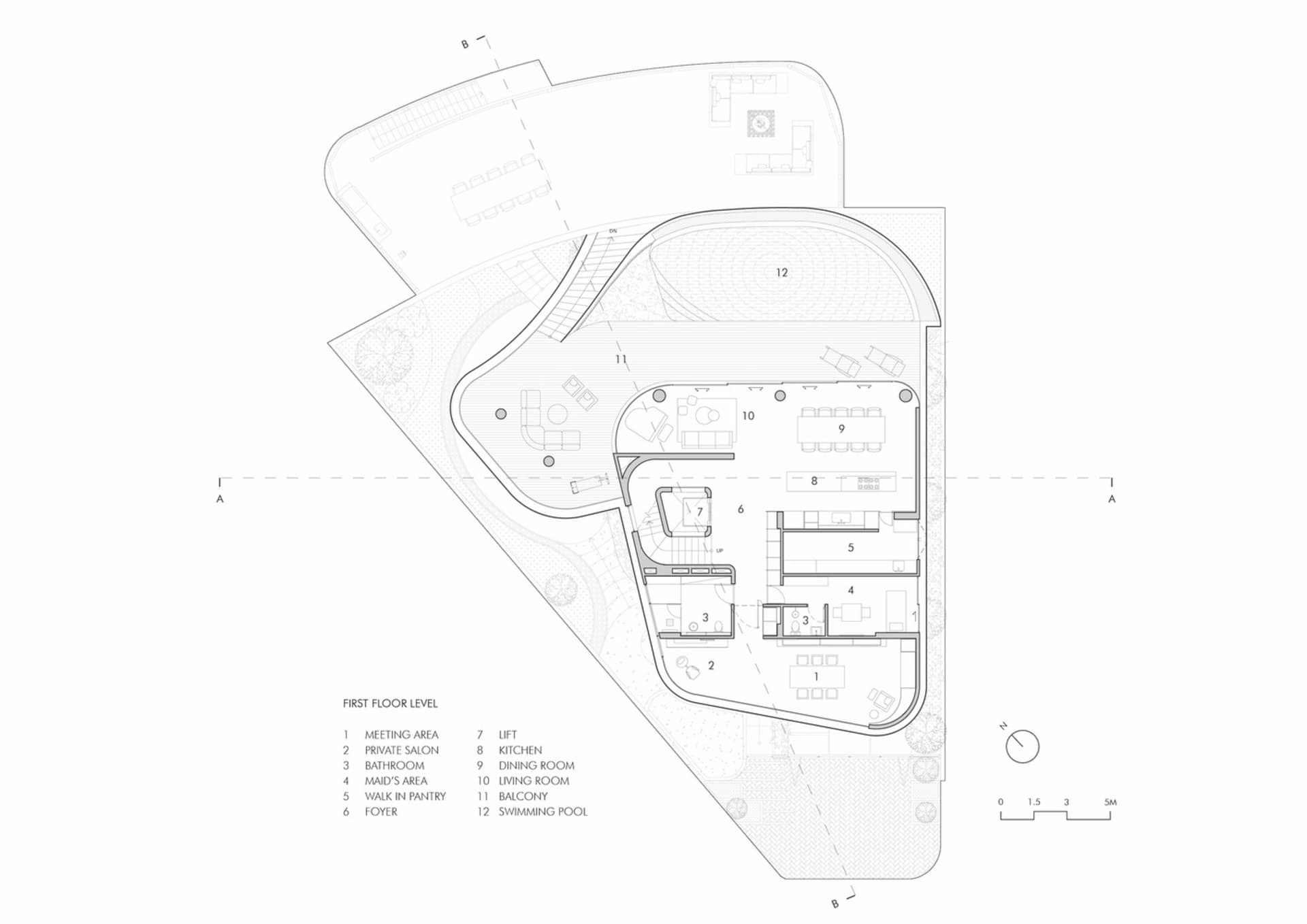 黑白建築圖,展示現代住宅平面圖,呈現各個房間與空間配置。