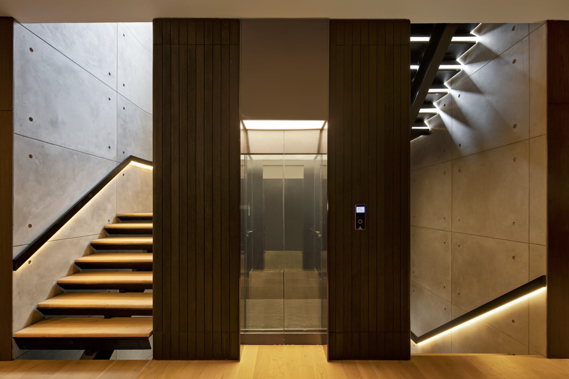 Modern interior design featuring concrete and wood materials
