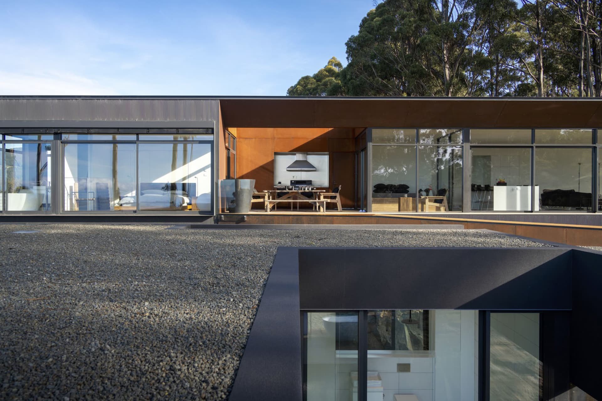 Modern residential building featuring metal and glass materials