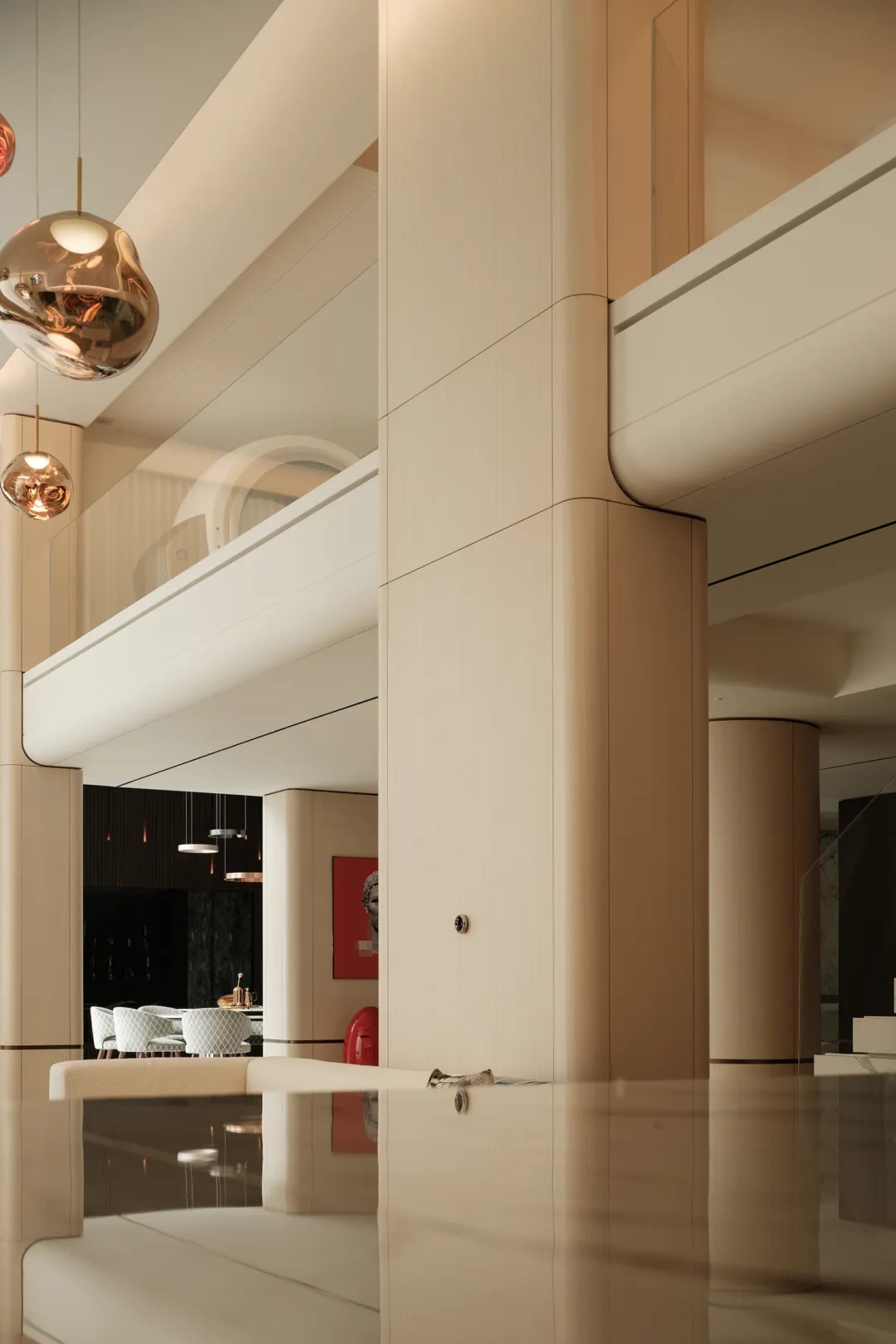Modern residential interior featuring wood, glass, and metal materials.