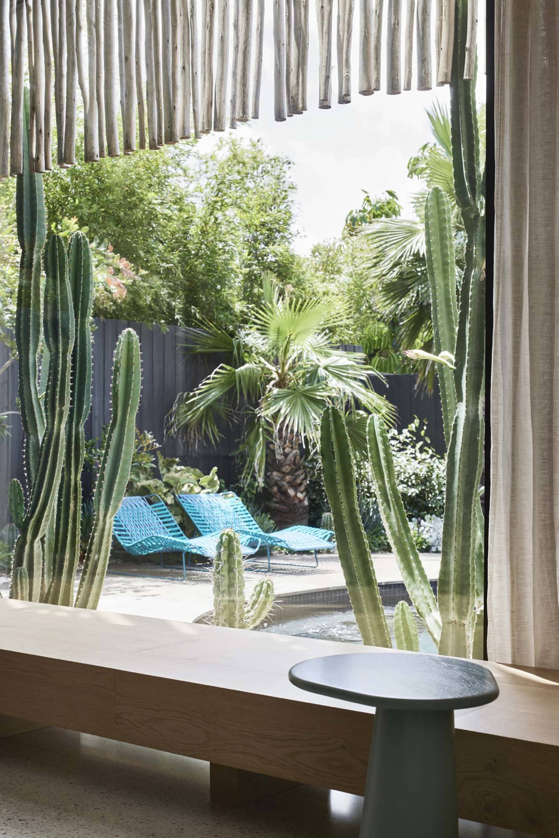 Modern living room featuring a concrete floor, blue lounge chairs, and a large window with a view of palm trees and swimming