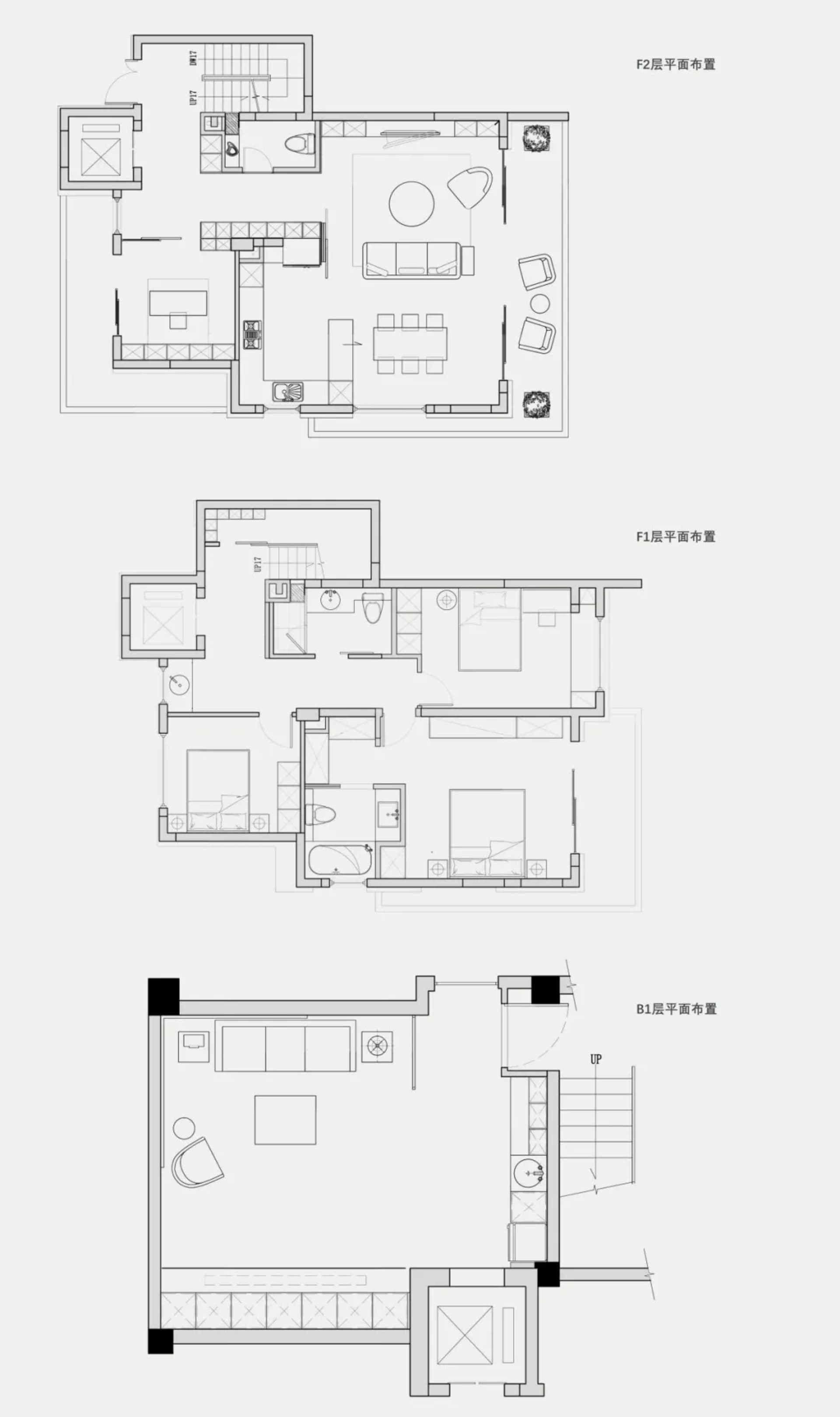 Floor plans of a modern residential layout with ceramic tiles, wood finishes, and contemporary furniture.