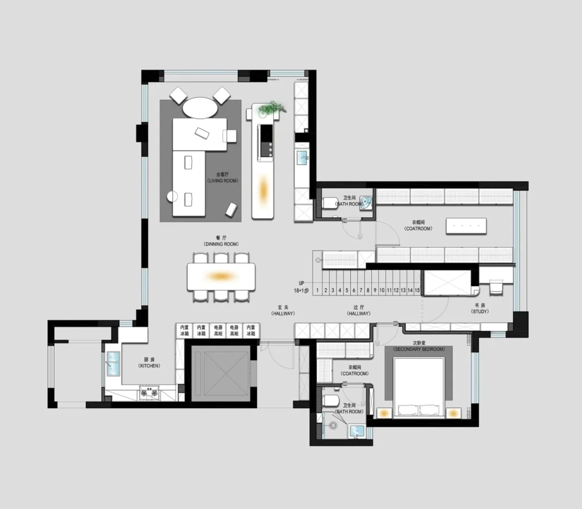 2D architectural plan of a modern residential layout featuring concrete floors and glass doors.