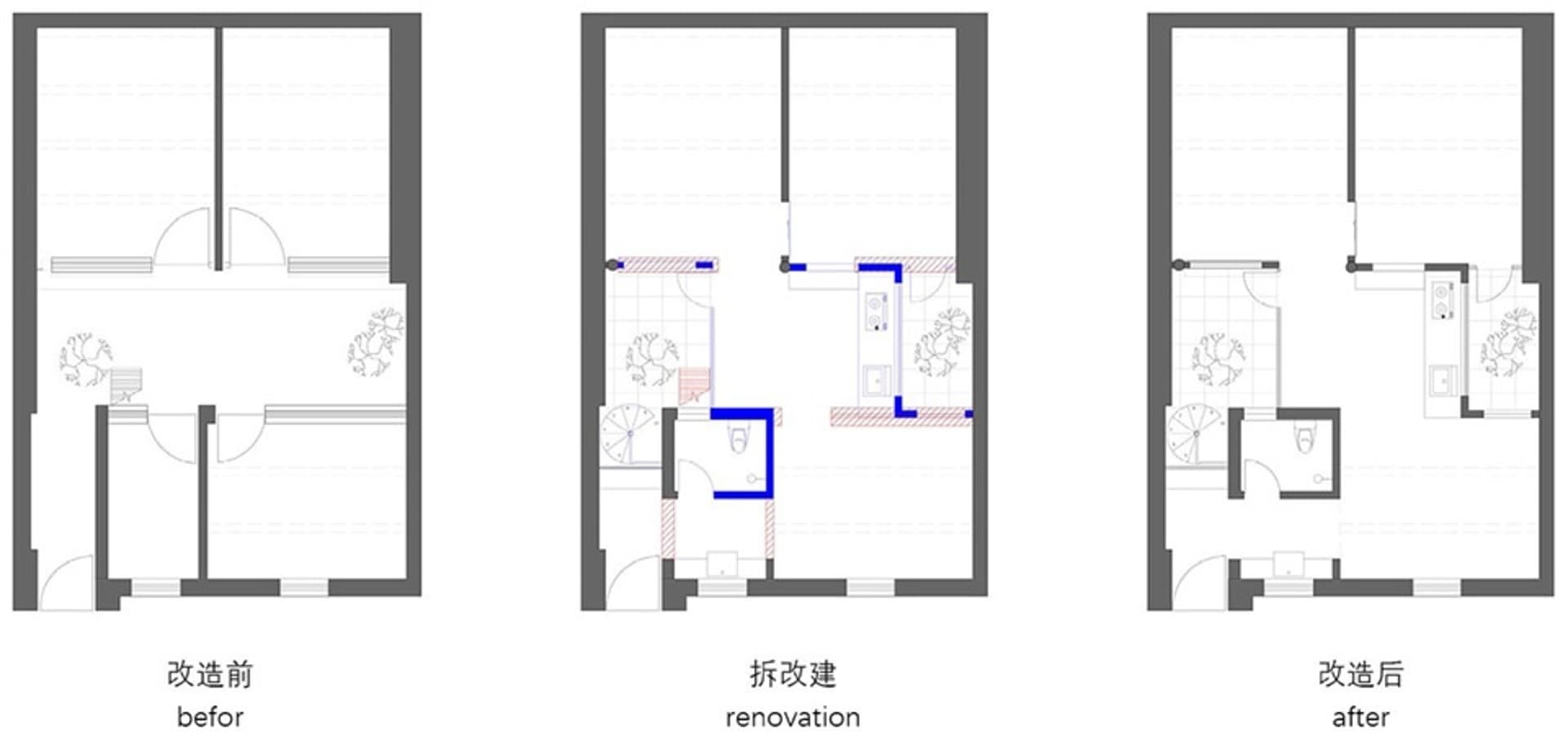 三張建築圖，呈現房屋平面圖在翻修不同階段的樣貌。