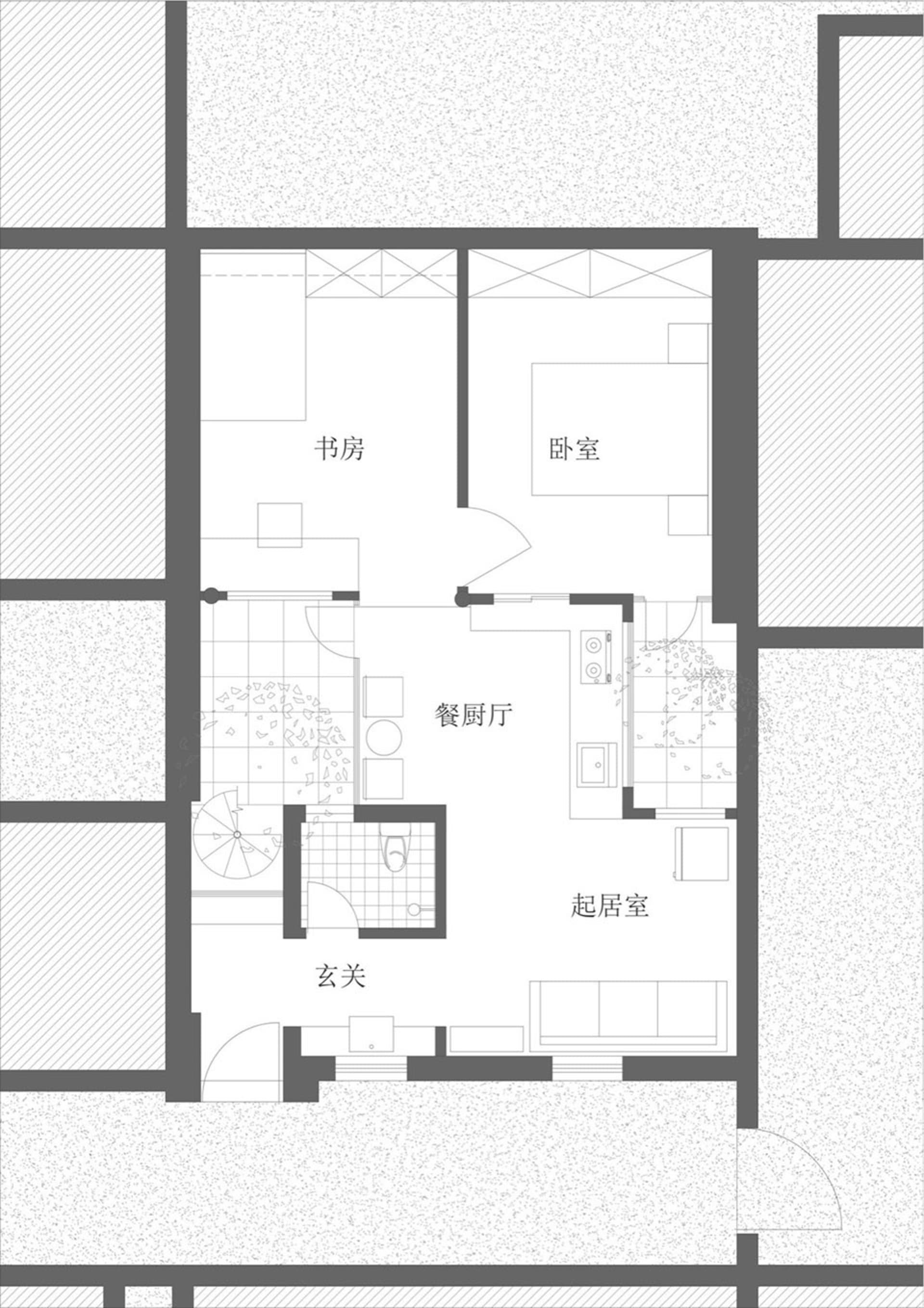 Floor plan of a modern apartment layout with living room, kitchen, bedroom, and bathroom.