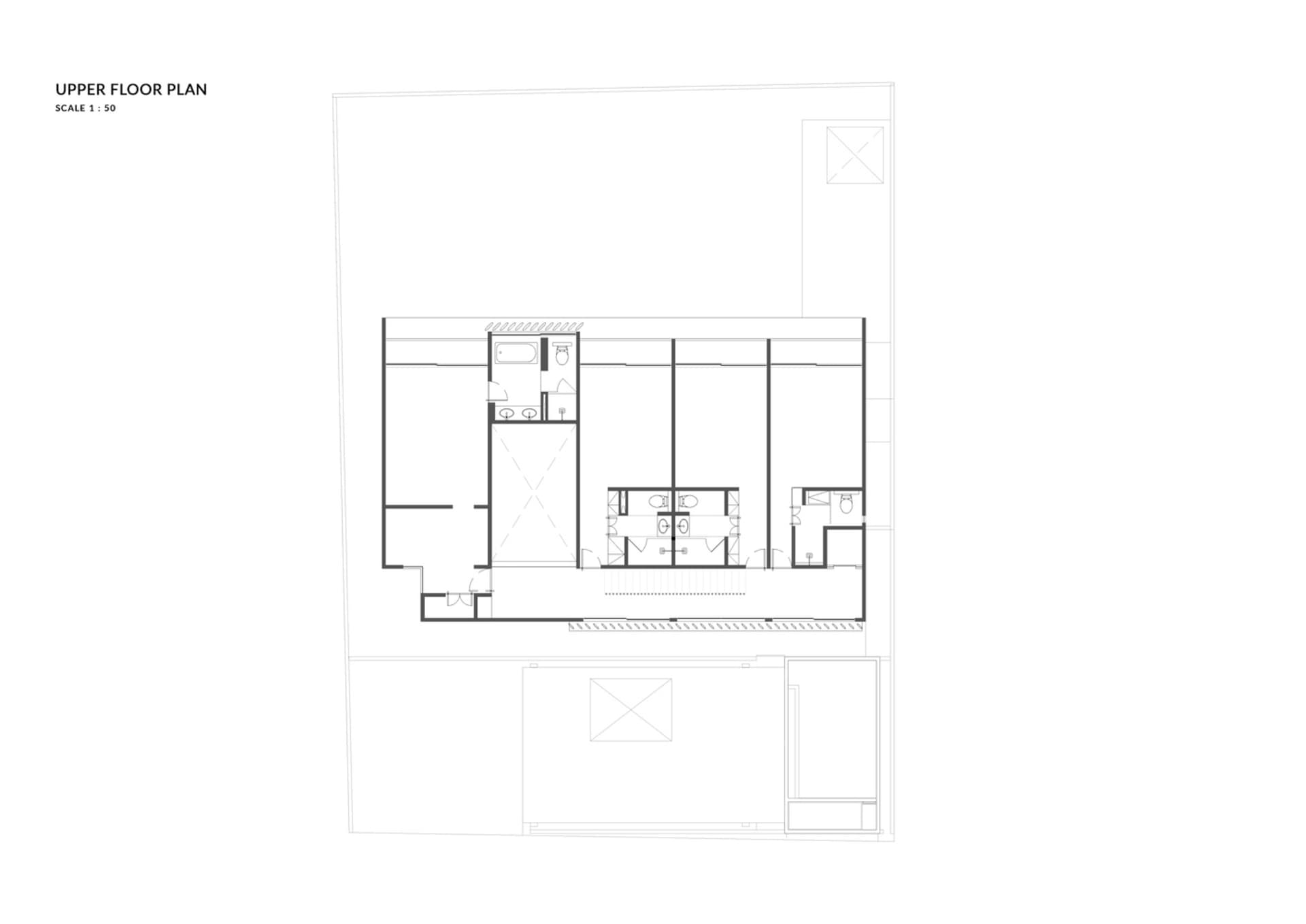 現代住宅上層平面圖的 2D 建築繪圖。