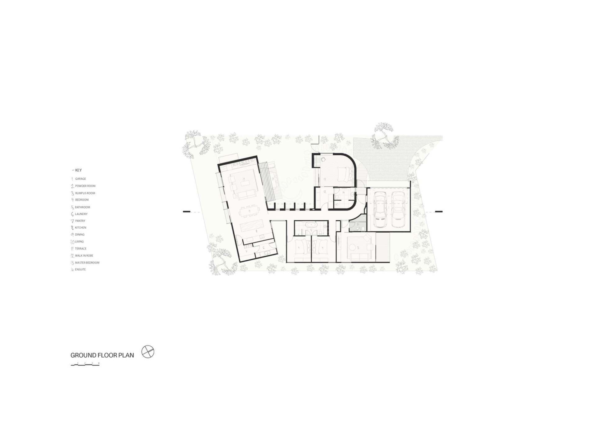 現代住宅建築平面圖，展現混凝土、玻璃與金屬元素