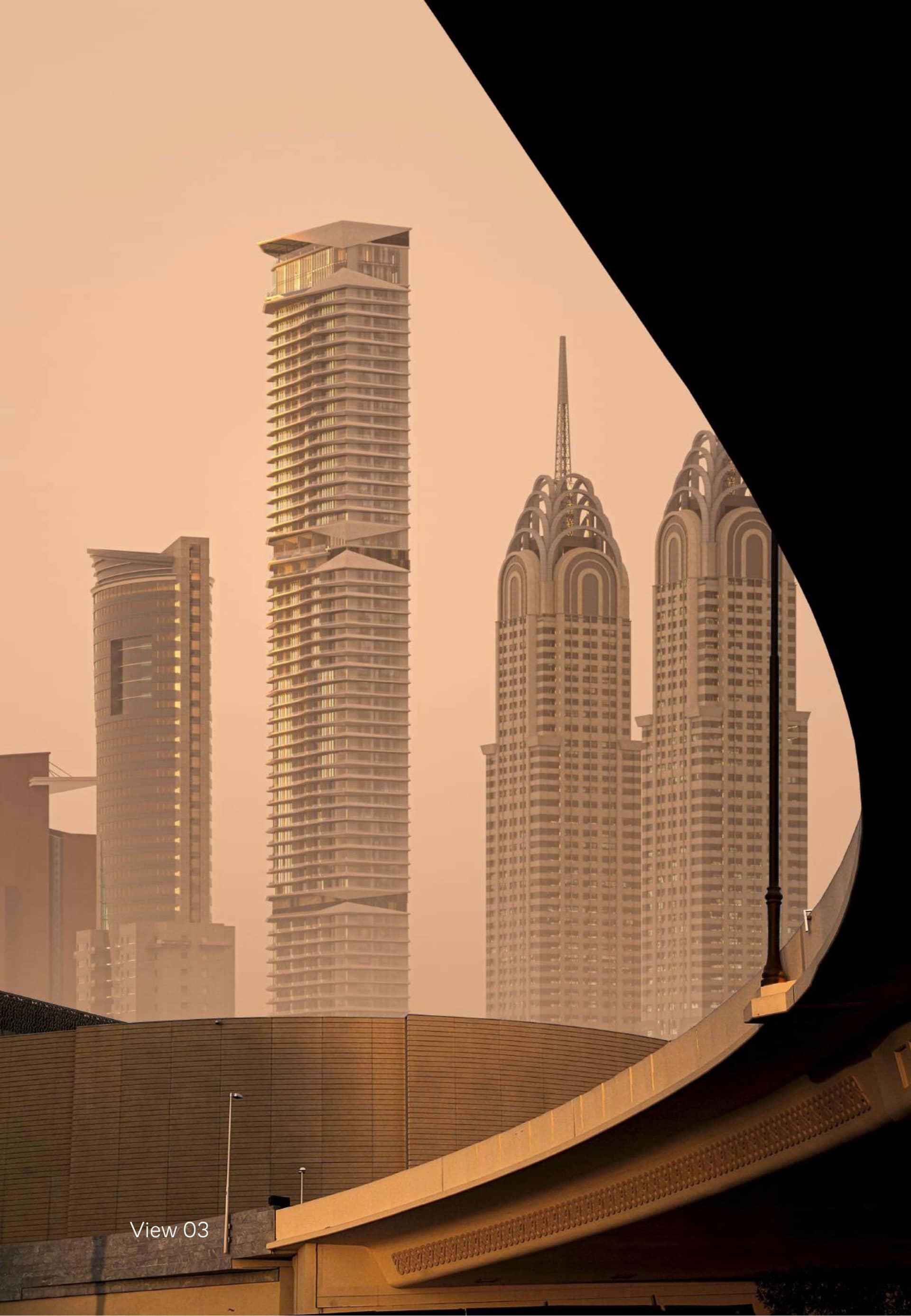 A cityscape featuring modern glass-topped skyscrapers.