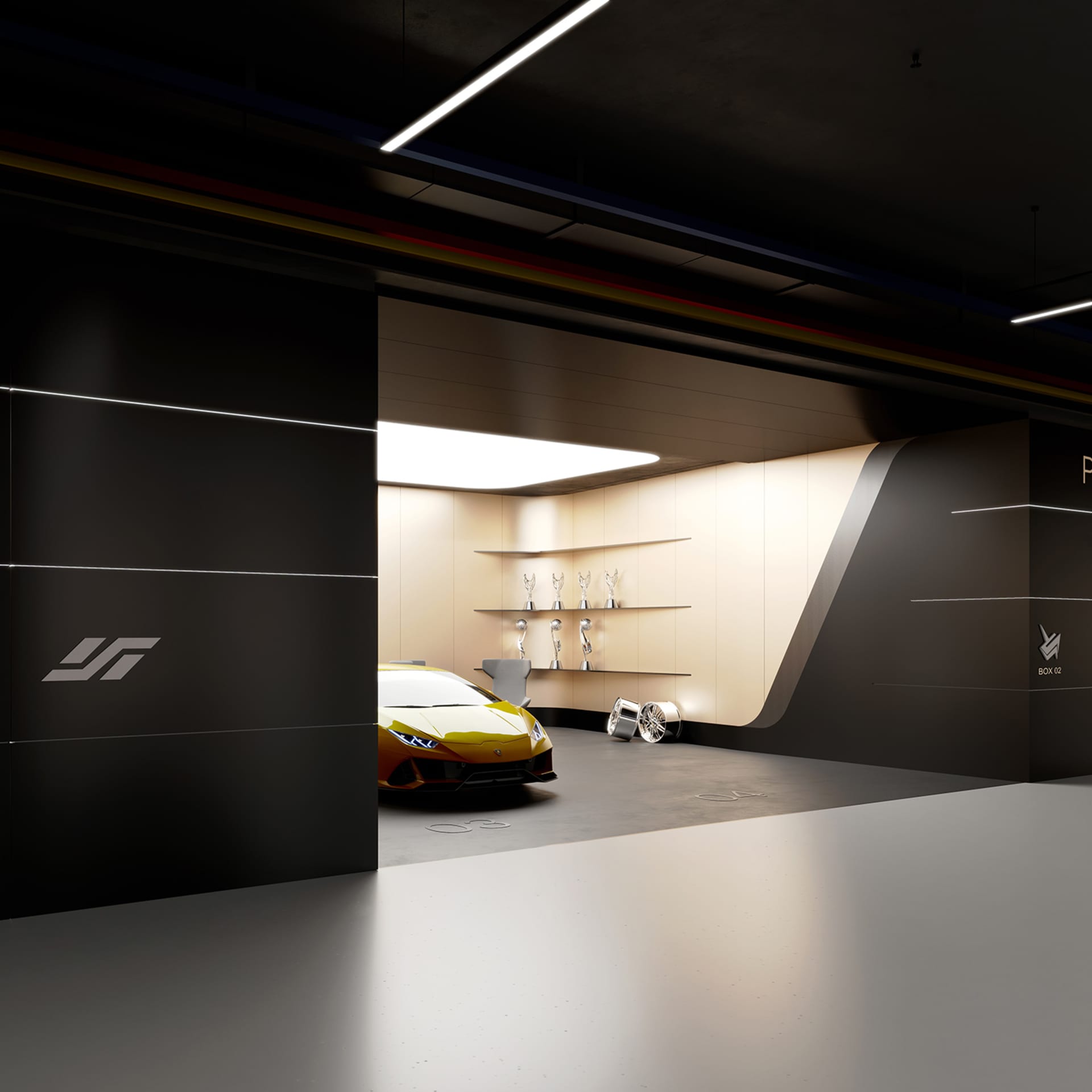 現代汽車展示間採用黑白配色,展示一輛蘭博基尼跑車。
