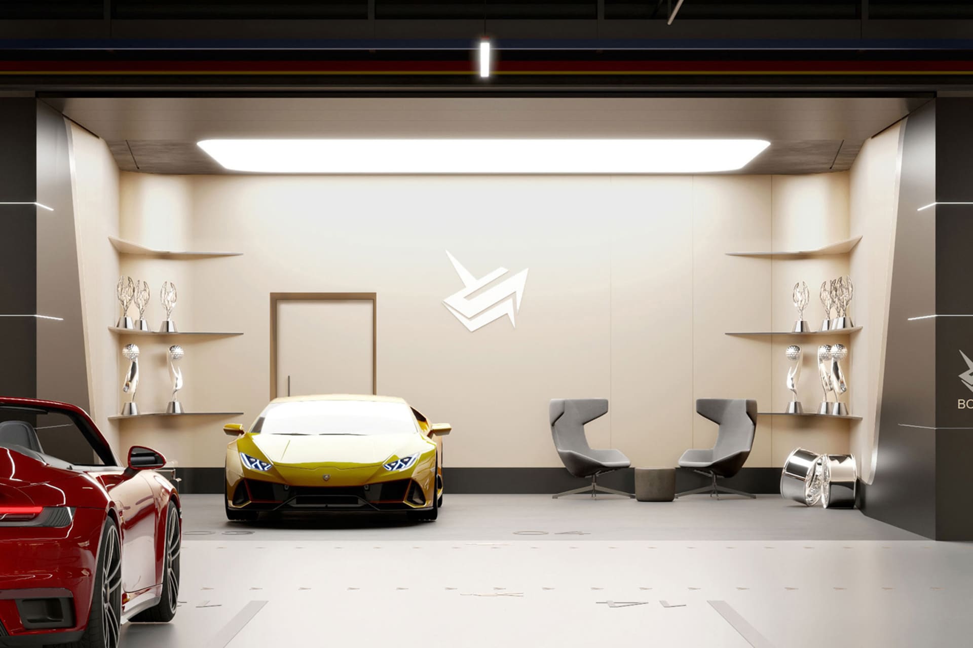 A modern car showroom interior featuring metal, wood, and concrete materials.