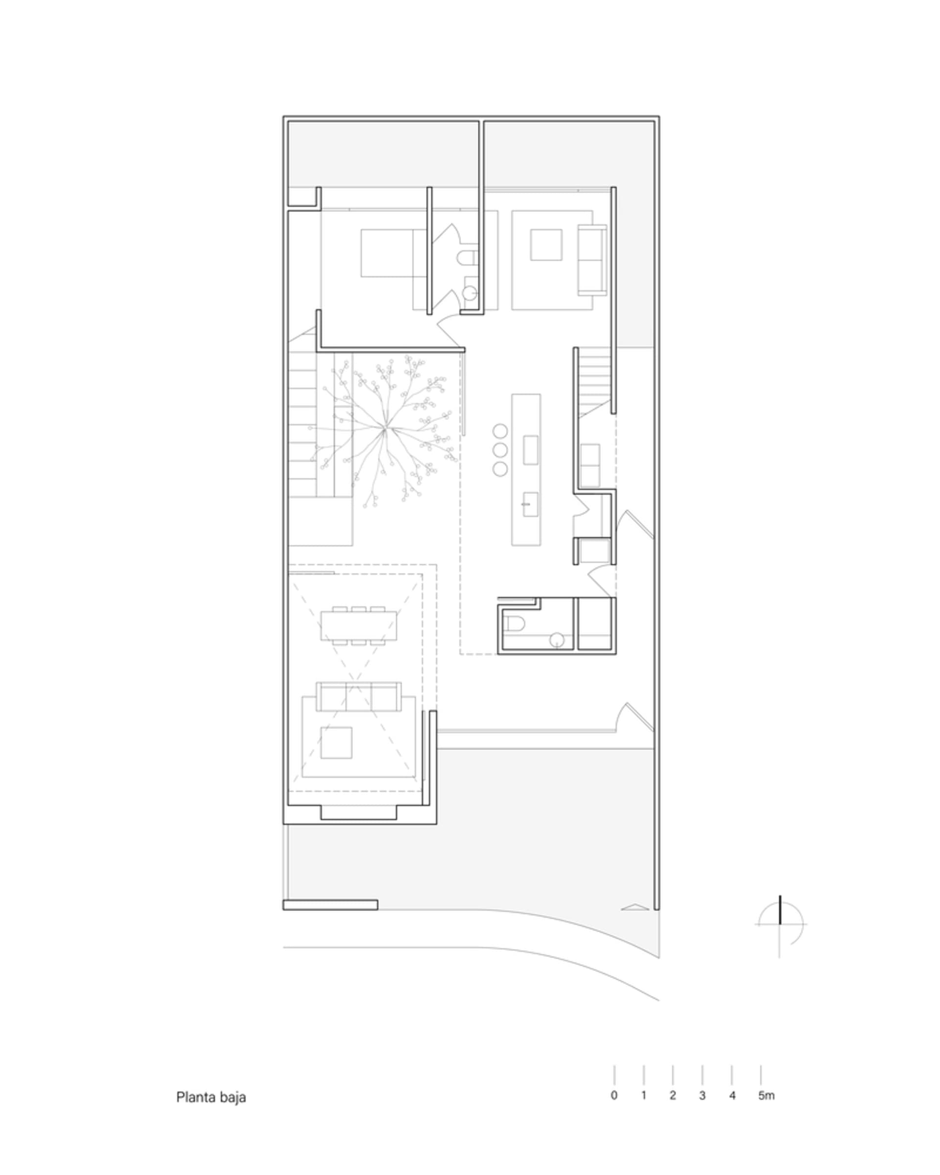 Floor plan of a modern residential layout featuring an open staircase and outdoor terraces.