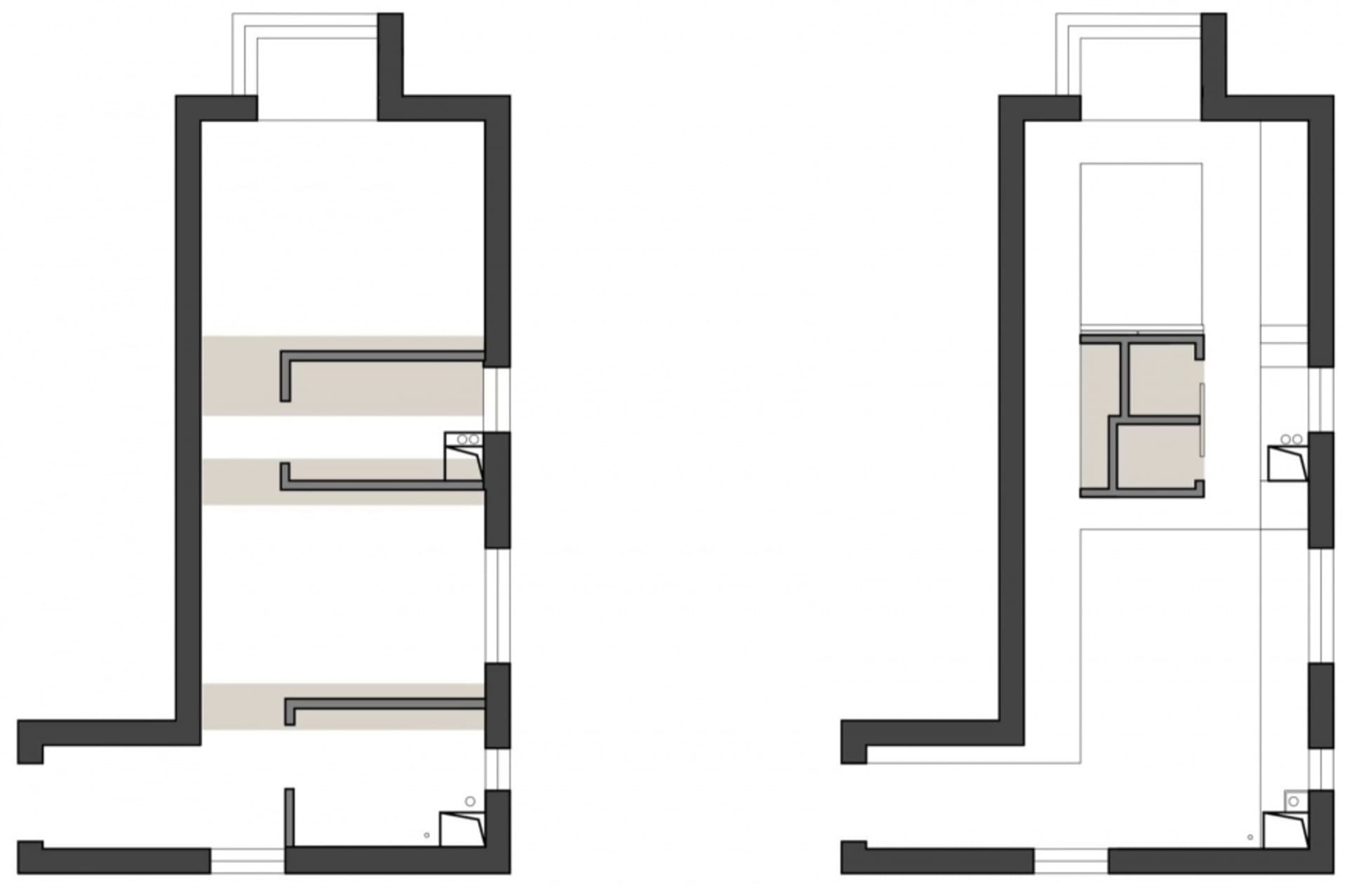 Floor plan of a modern interior space showing living and sleeping areas.