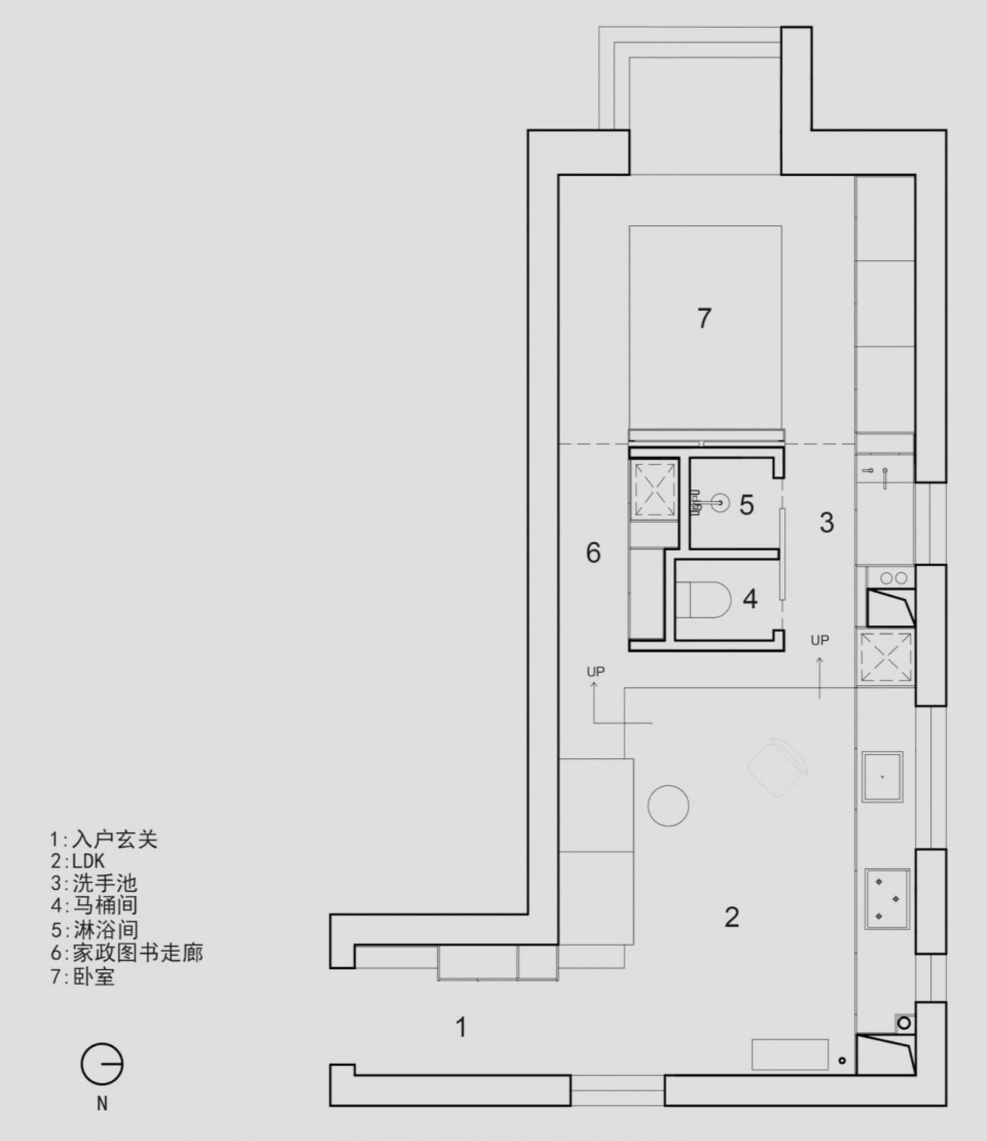 Modern residential layout with kitchen, living room, and bathroom.