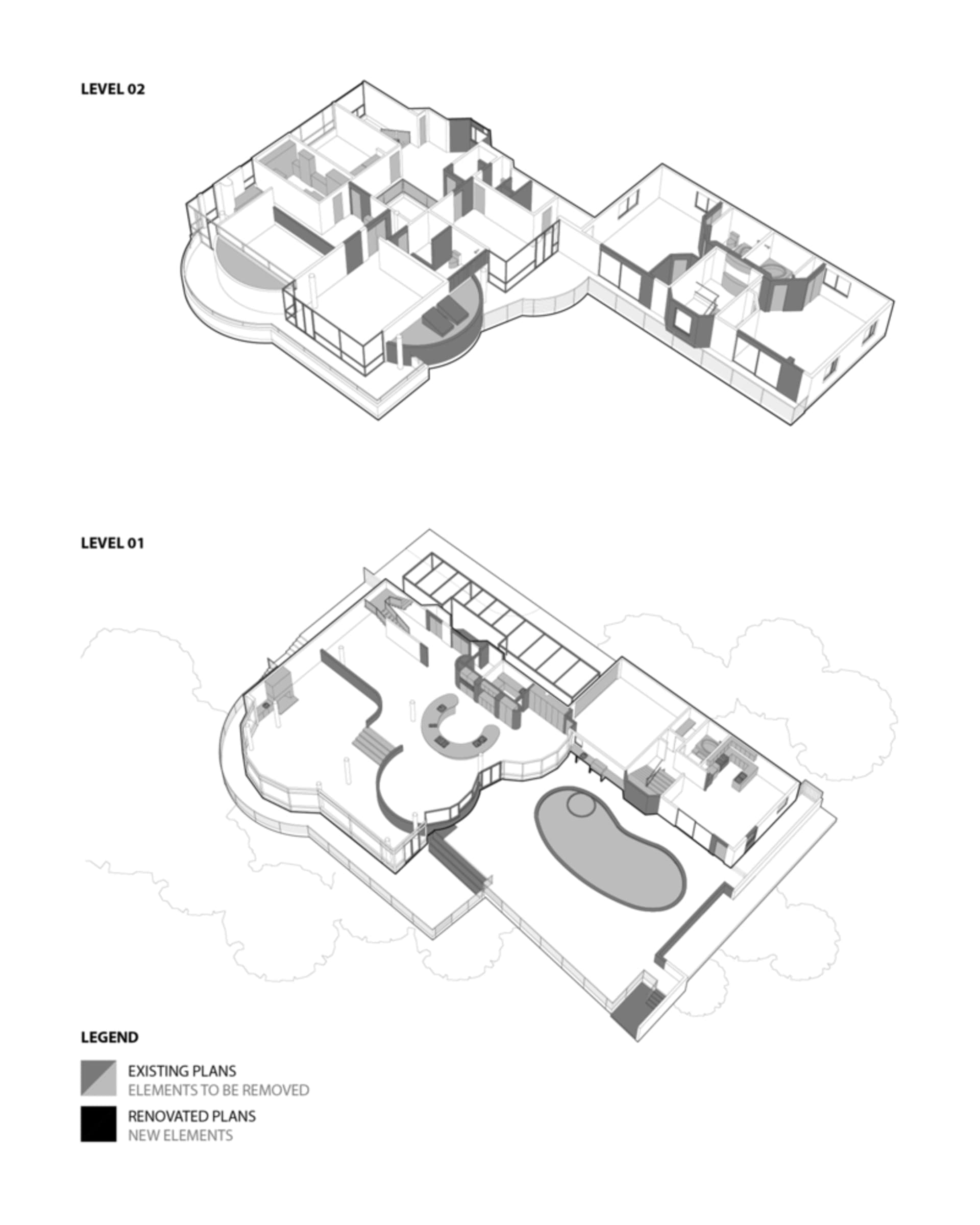 Black and white illustrated plan layout of a modern apartment interior, featuring detailed white sections to emphasize design