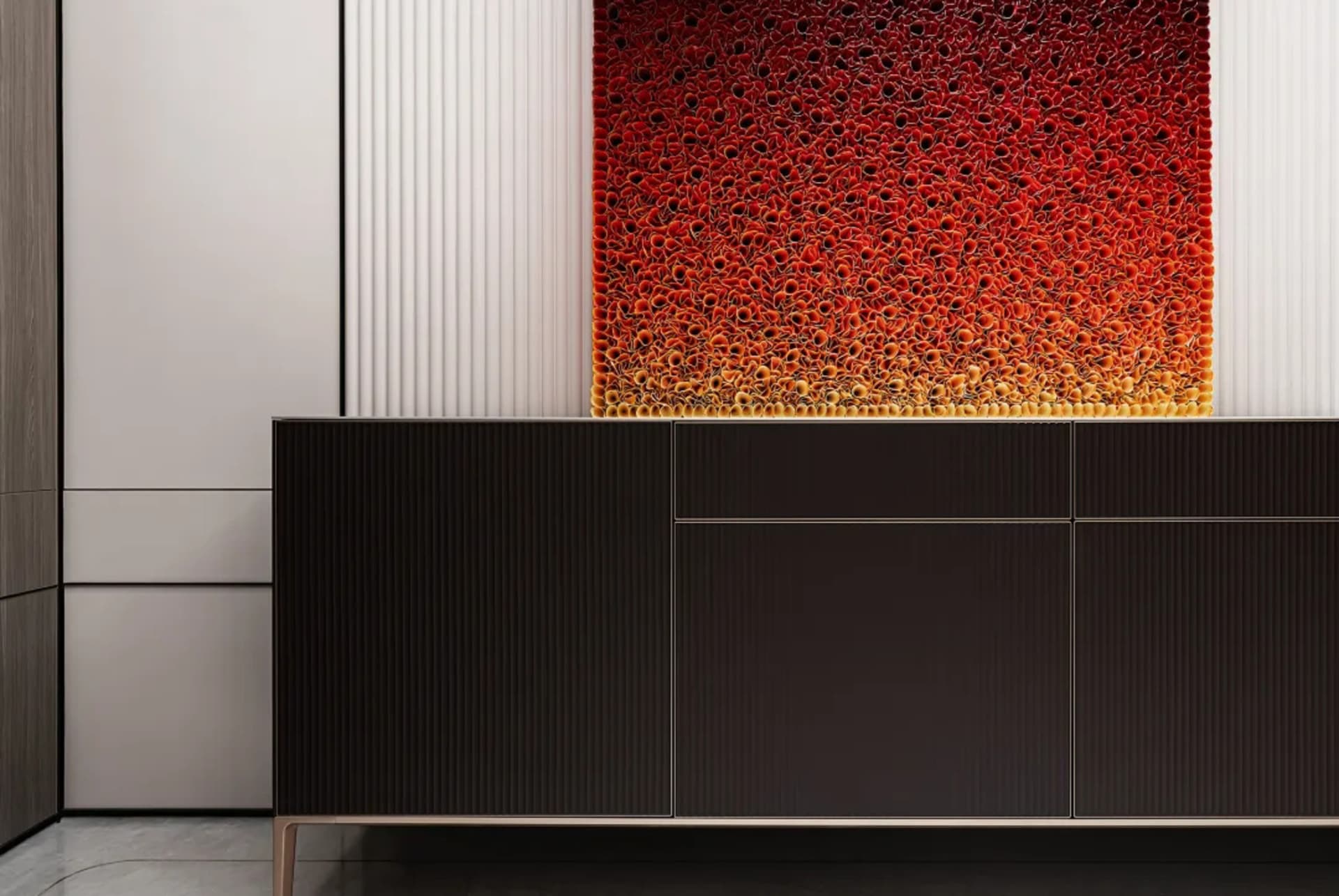 Modern living room with dark wooden floor, black cabinet with metallic accents, and red abstract wall art.