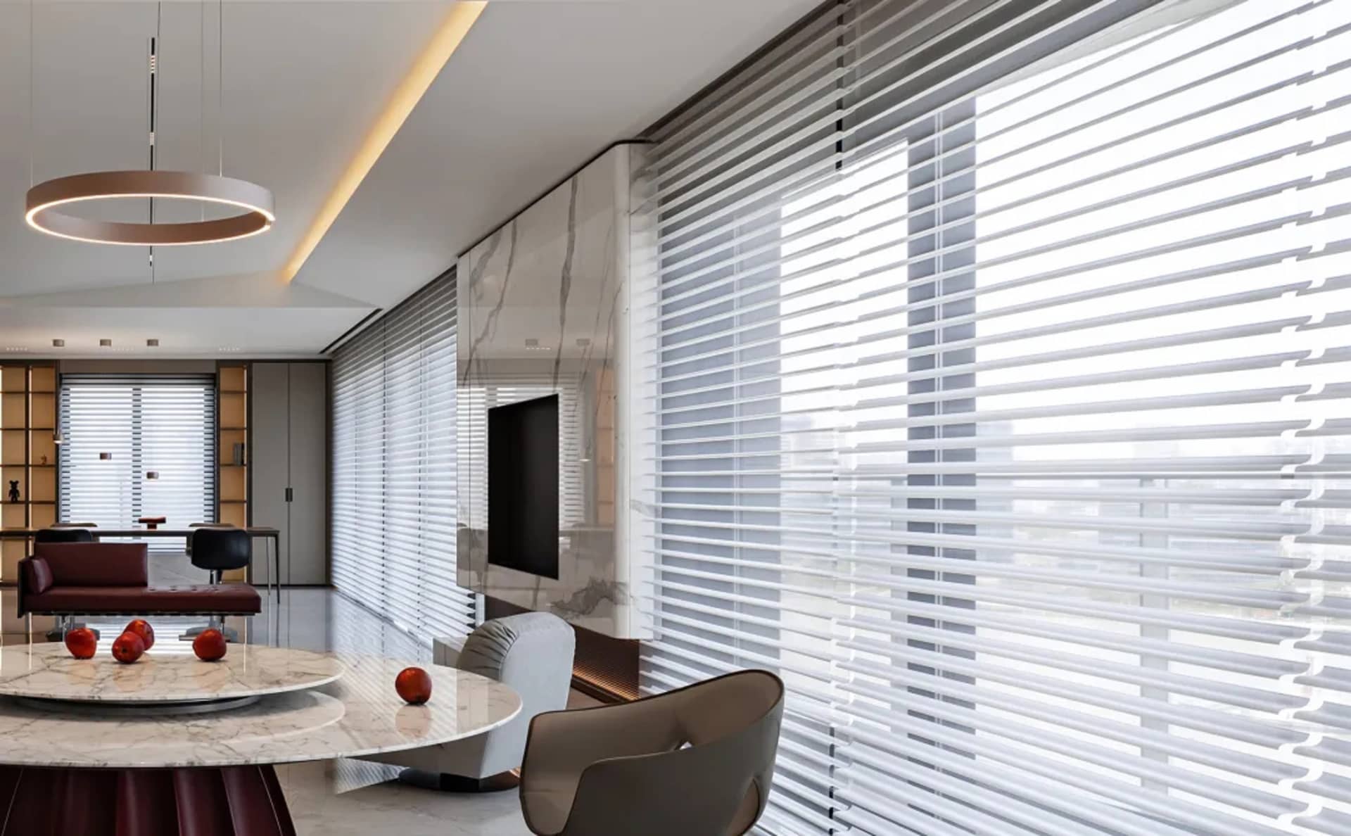 Modern minimalist living room with white marble blinds and furniture