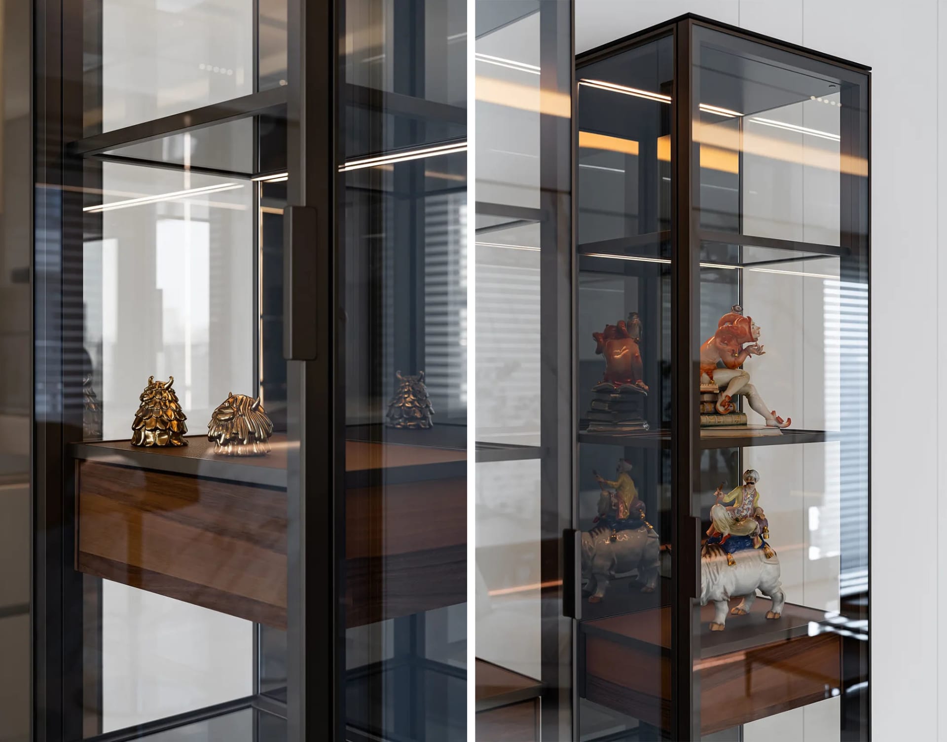 現代玻璃與金屬層架展示櫃,陳列裝飾雕塑。