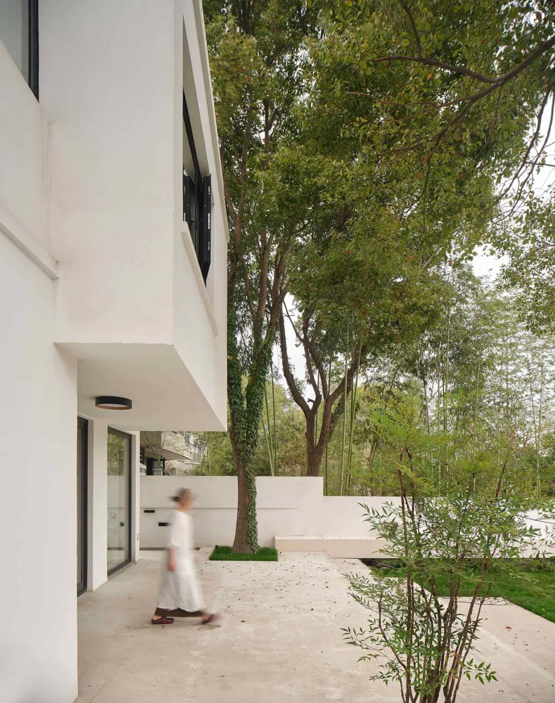 A modern house with a concrete exterior, surrounded by greenery.