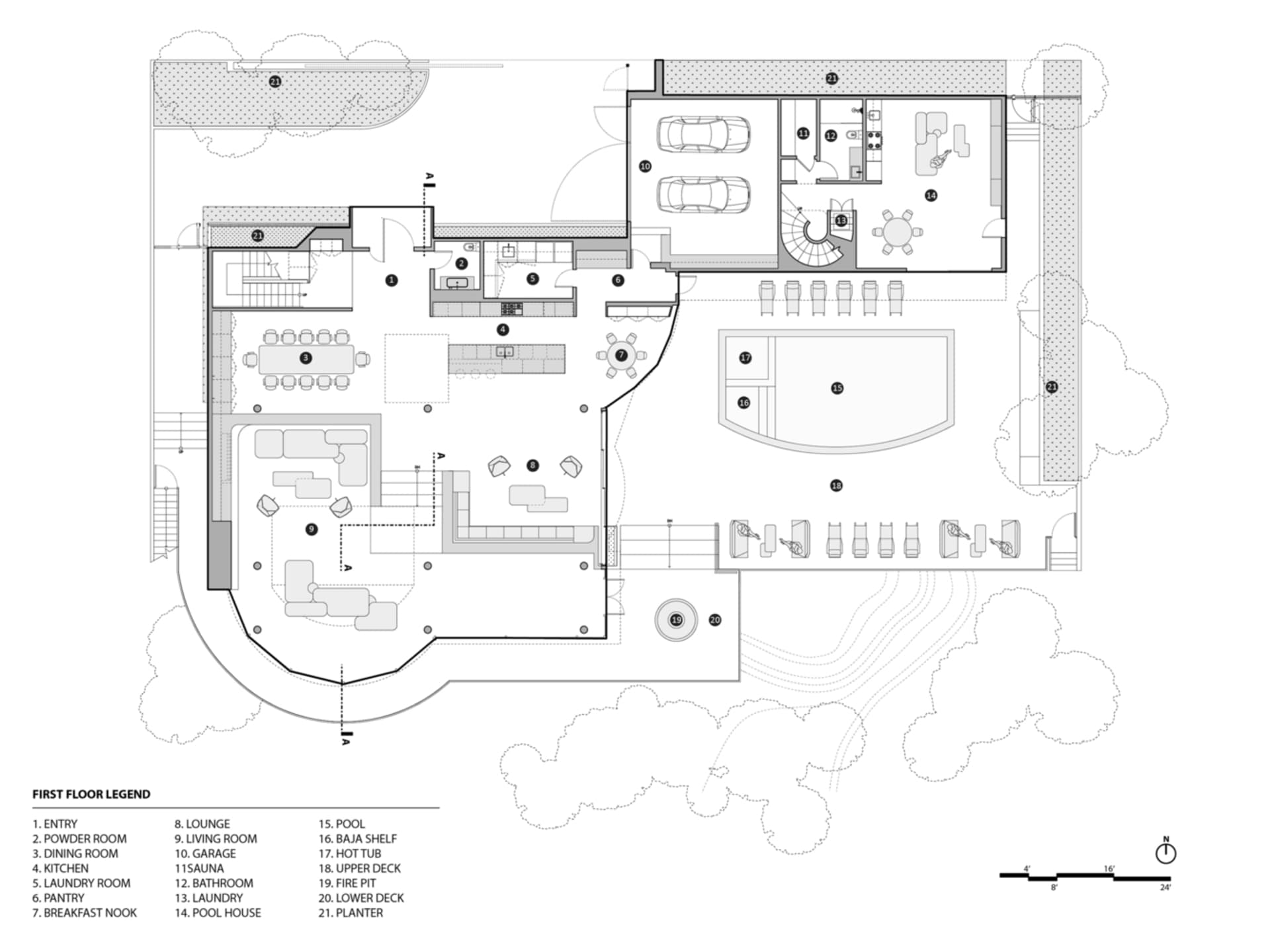 現代住宅室內建築平面圖，採用混凝土地面，呈現開放式客廳空間、廚房與