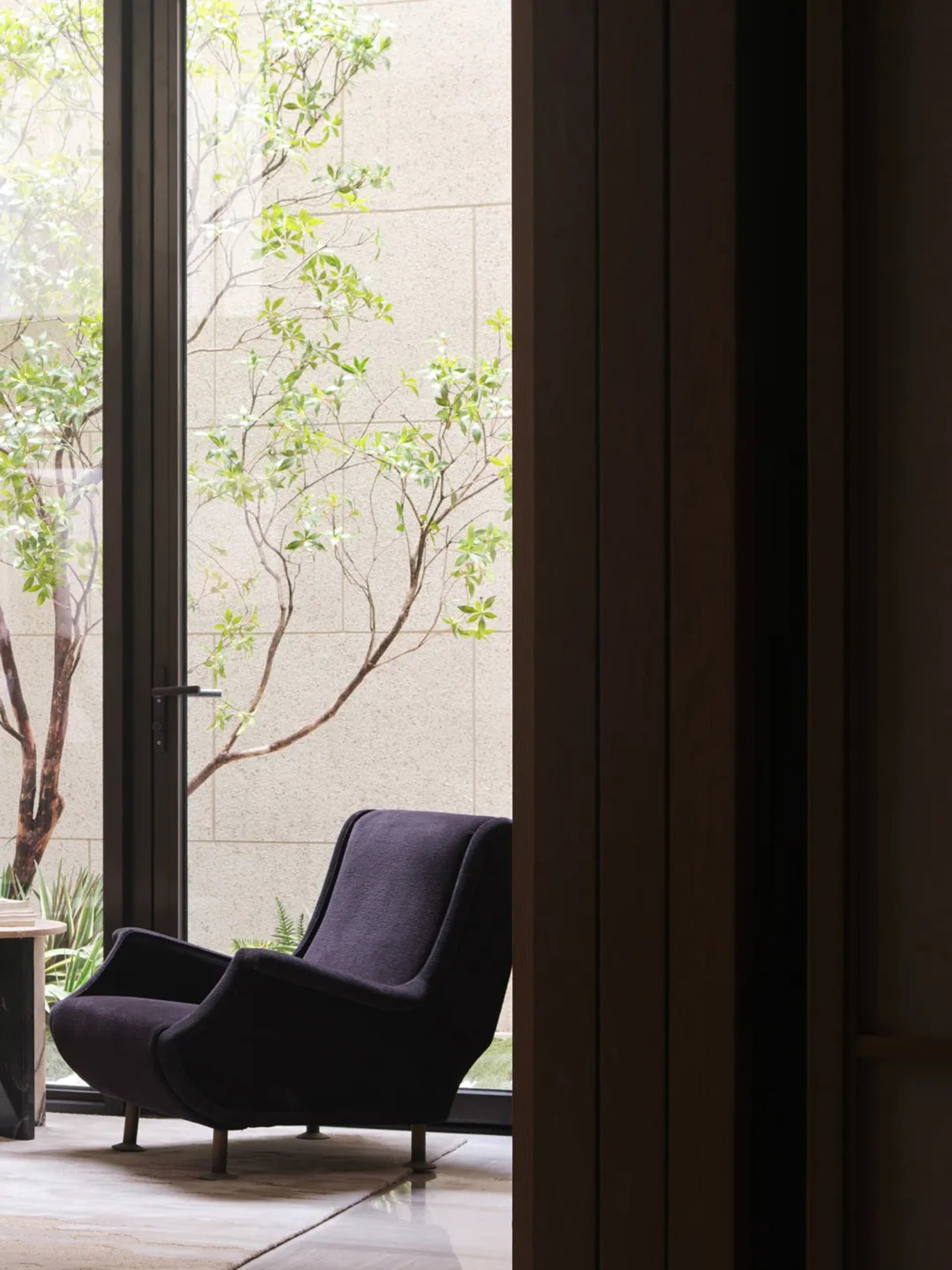 A modern living space featuring a dark fabric armchair in front of a concrete wall with green foliage